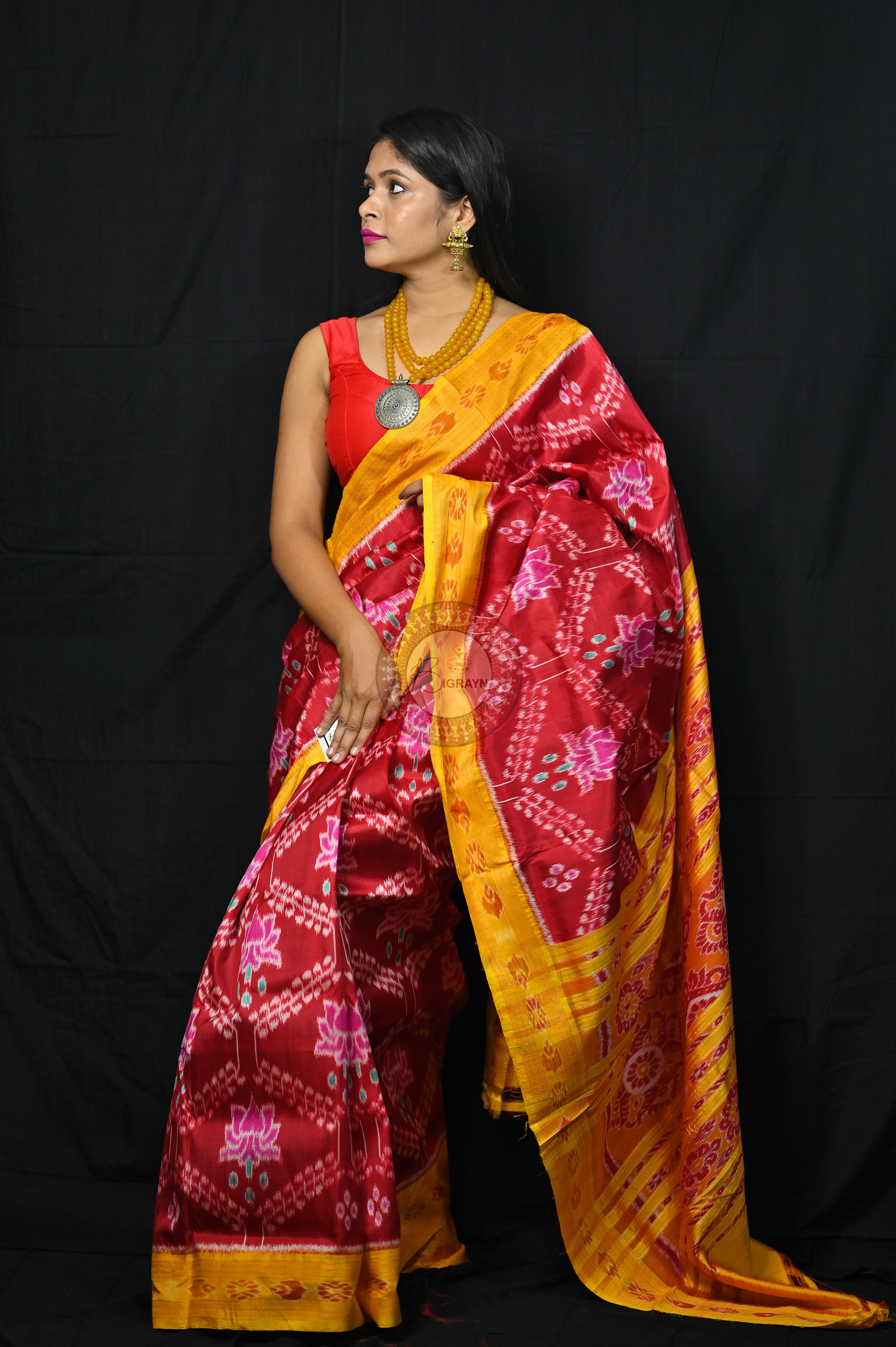 Maroon Yellow Pink Lotus Khandua Silk Saree