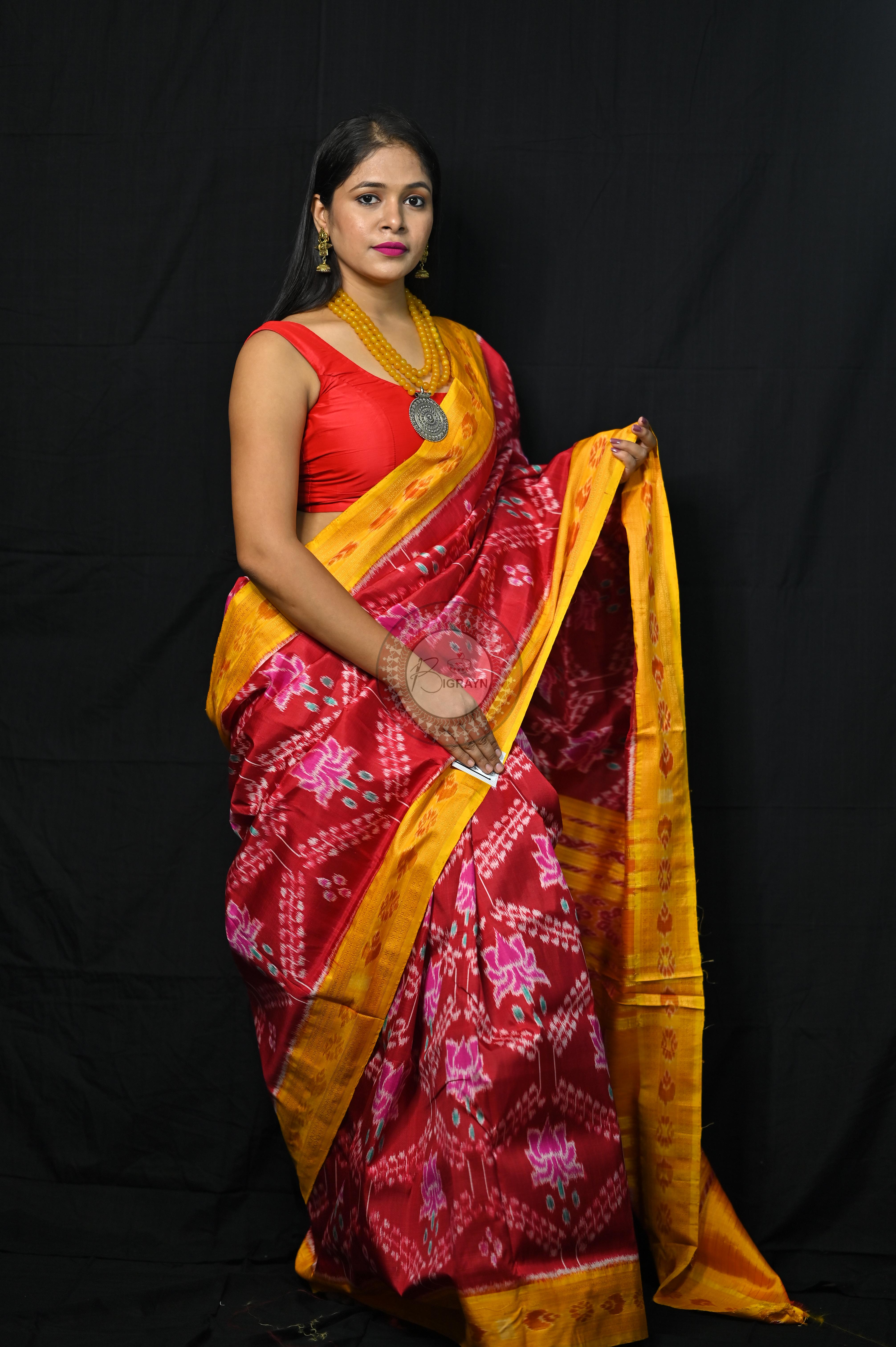 Maroon Yellow Pink Lotus Khandua Silk Saree