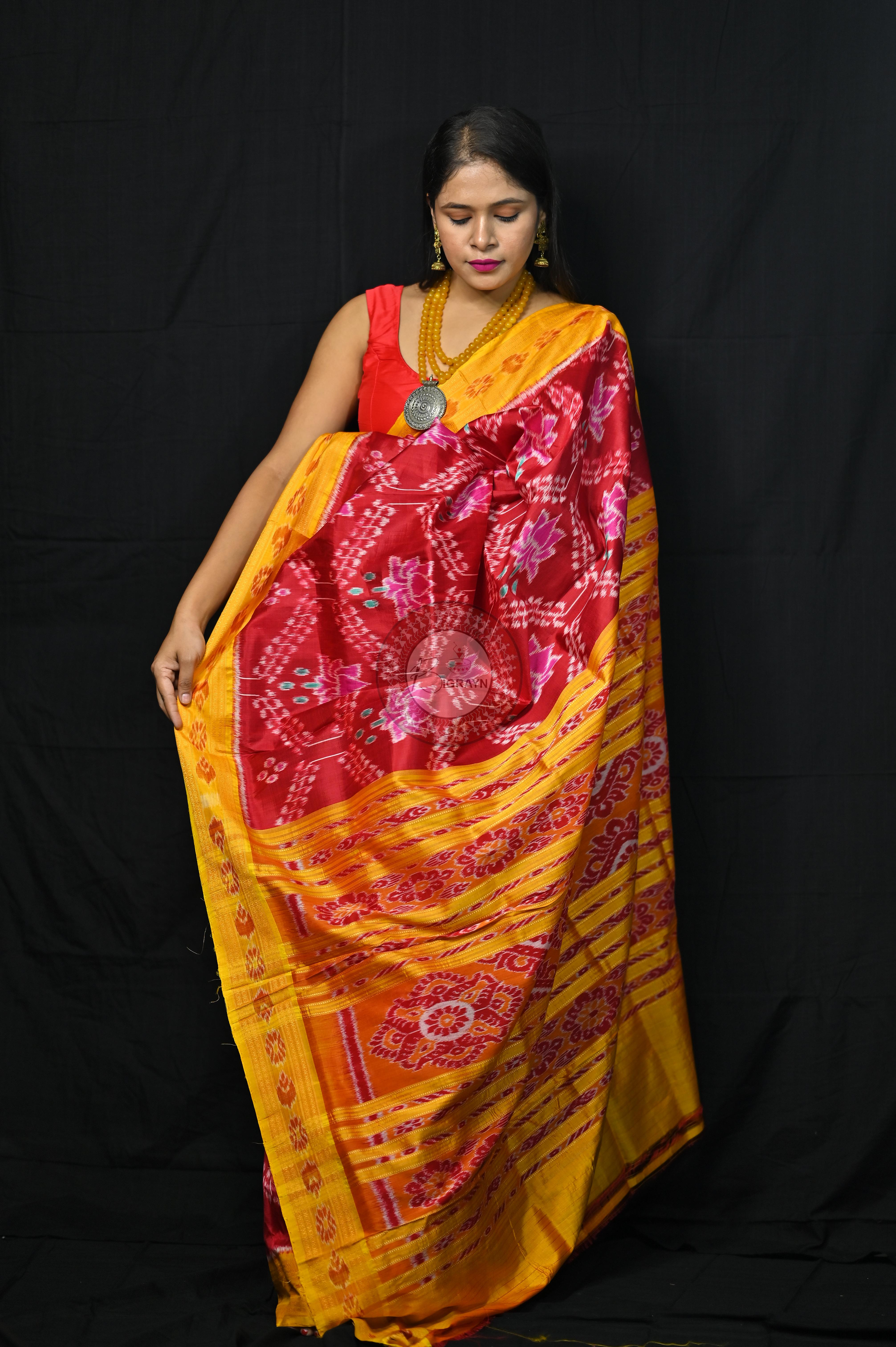 Maroon Yellow Pink Lotus Khandua Silk Saree