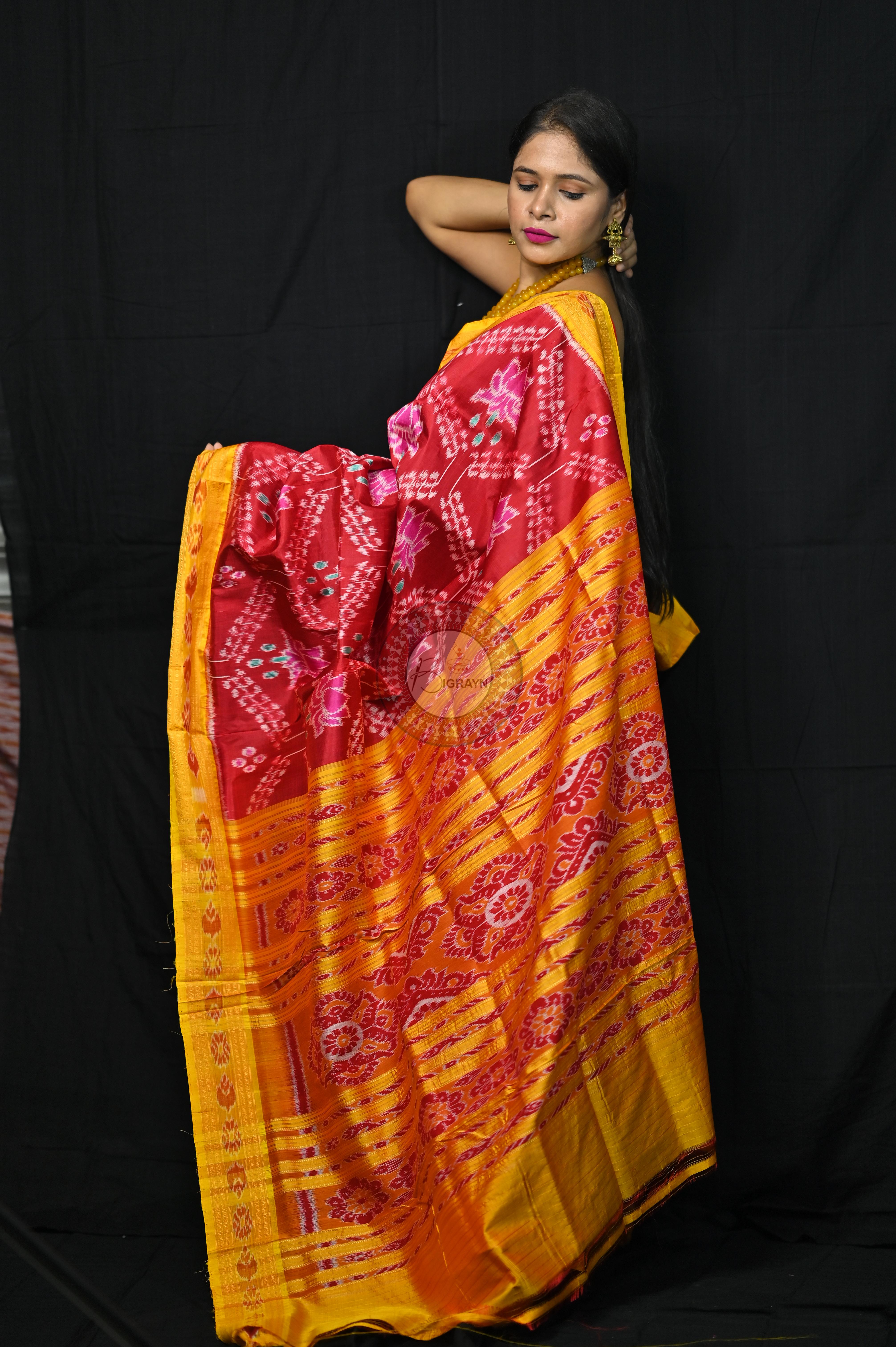 Maroon Yellow Pink Lotus Khandua Silk Saree