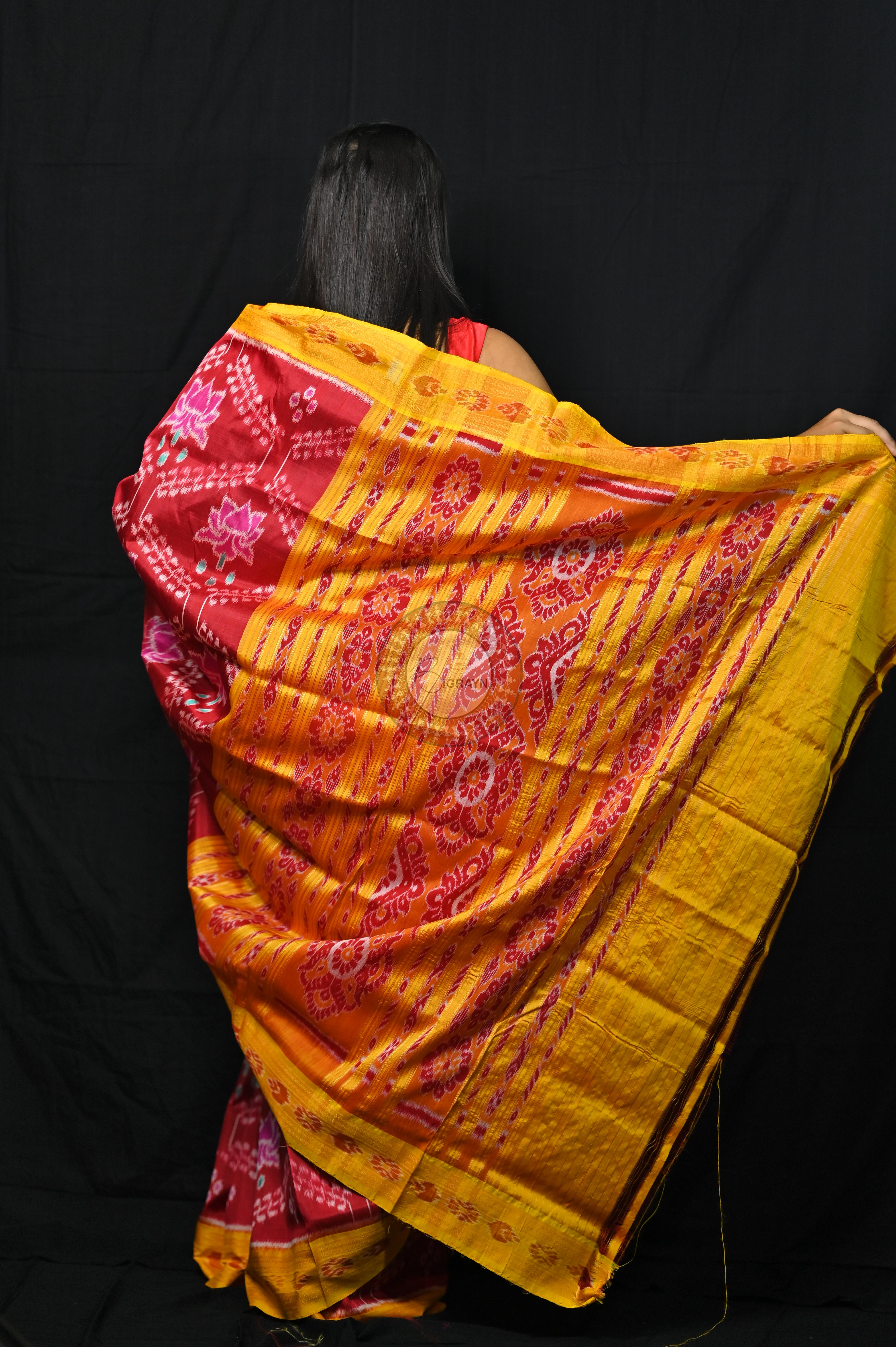 Maroon Yellow Pink Lotus Khandua Silk Saree