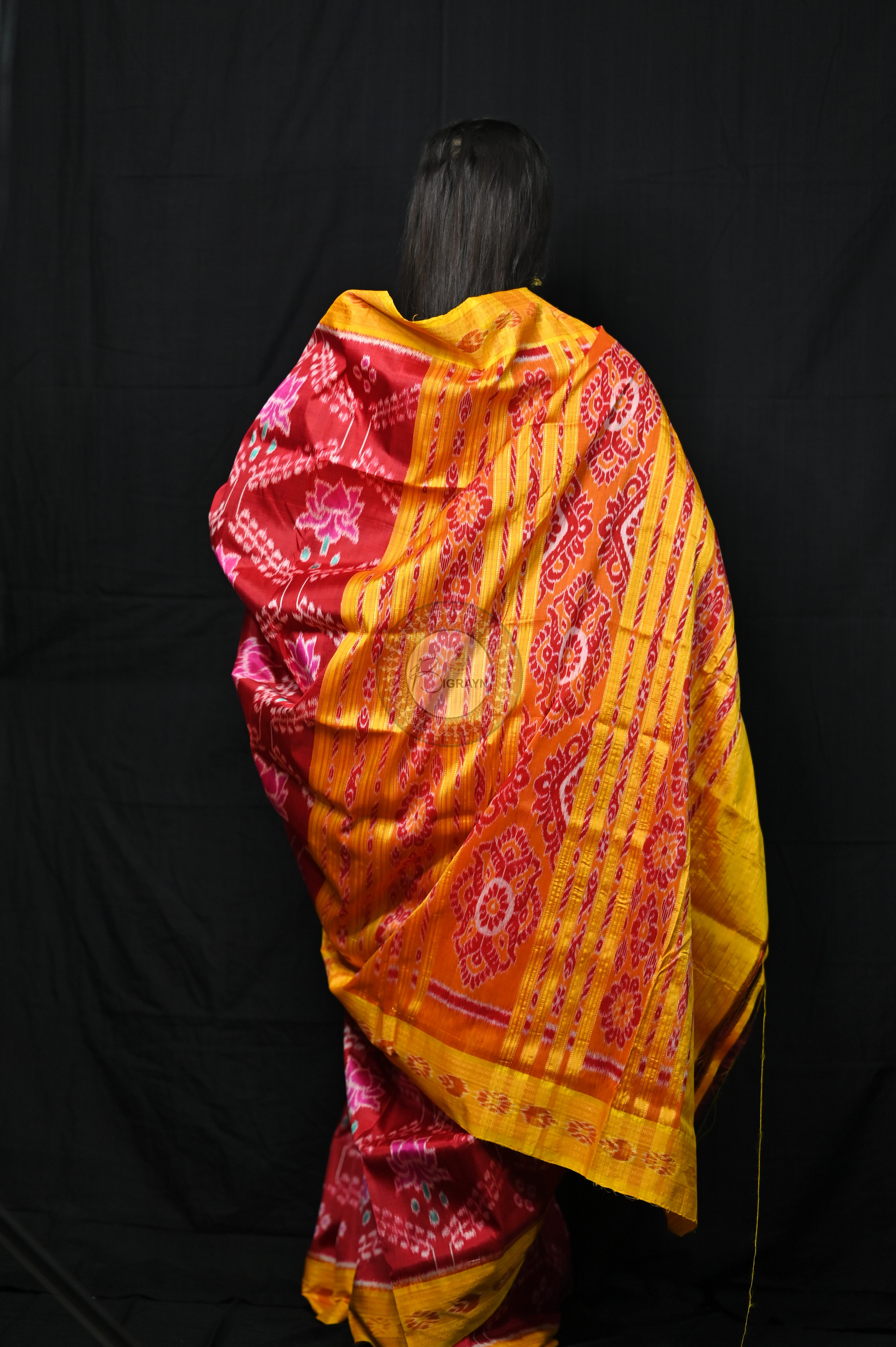 Maroon Yellow Pink Lotus Khandua Silk Saree