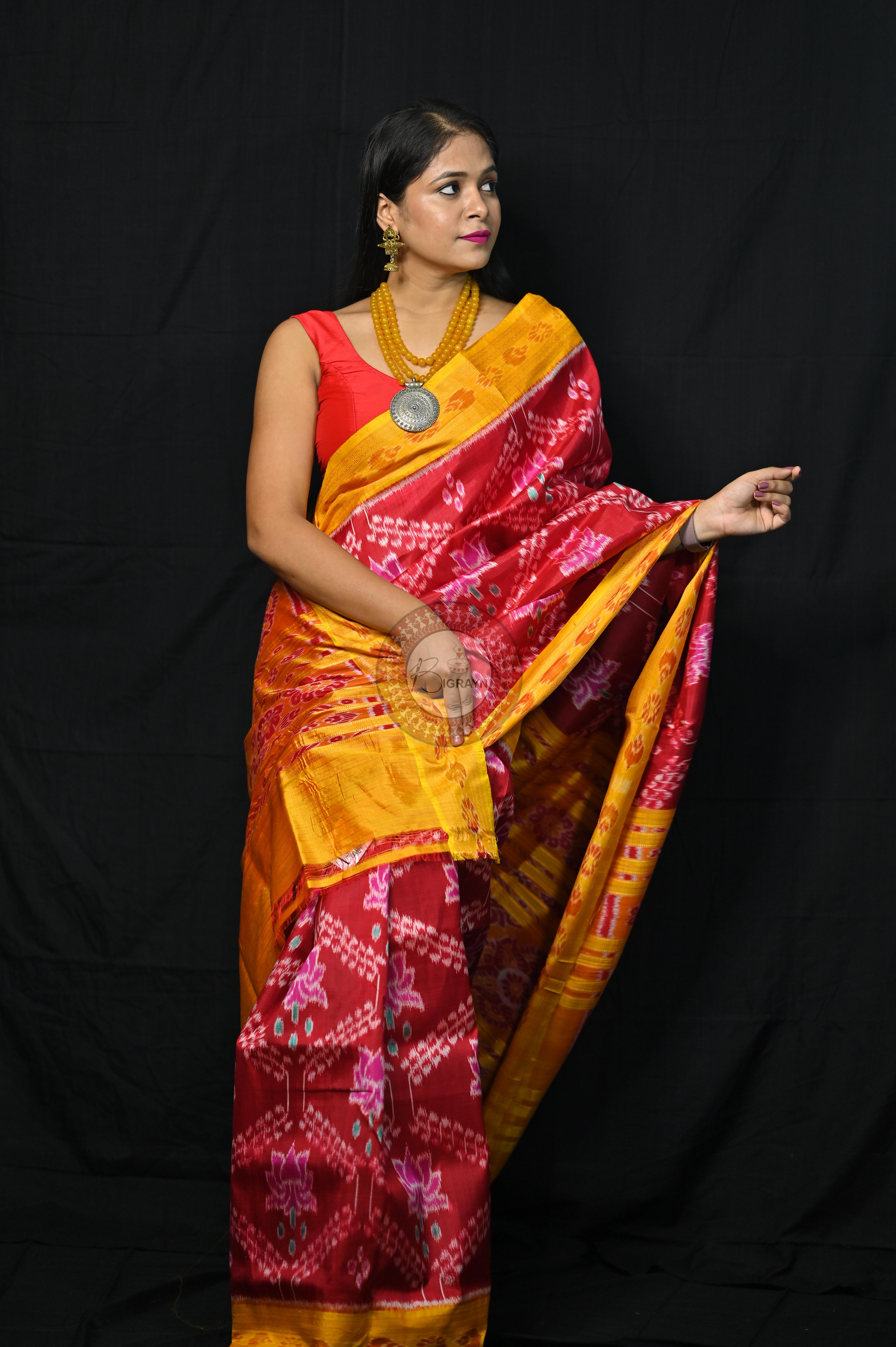 Maroon Yellow Pink Lotus Khandua Silk Saree