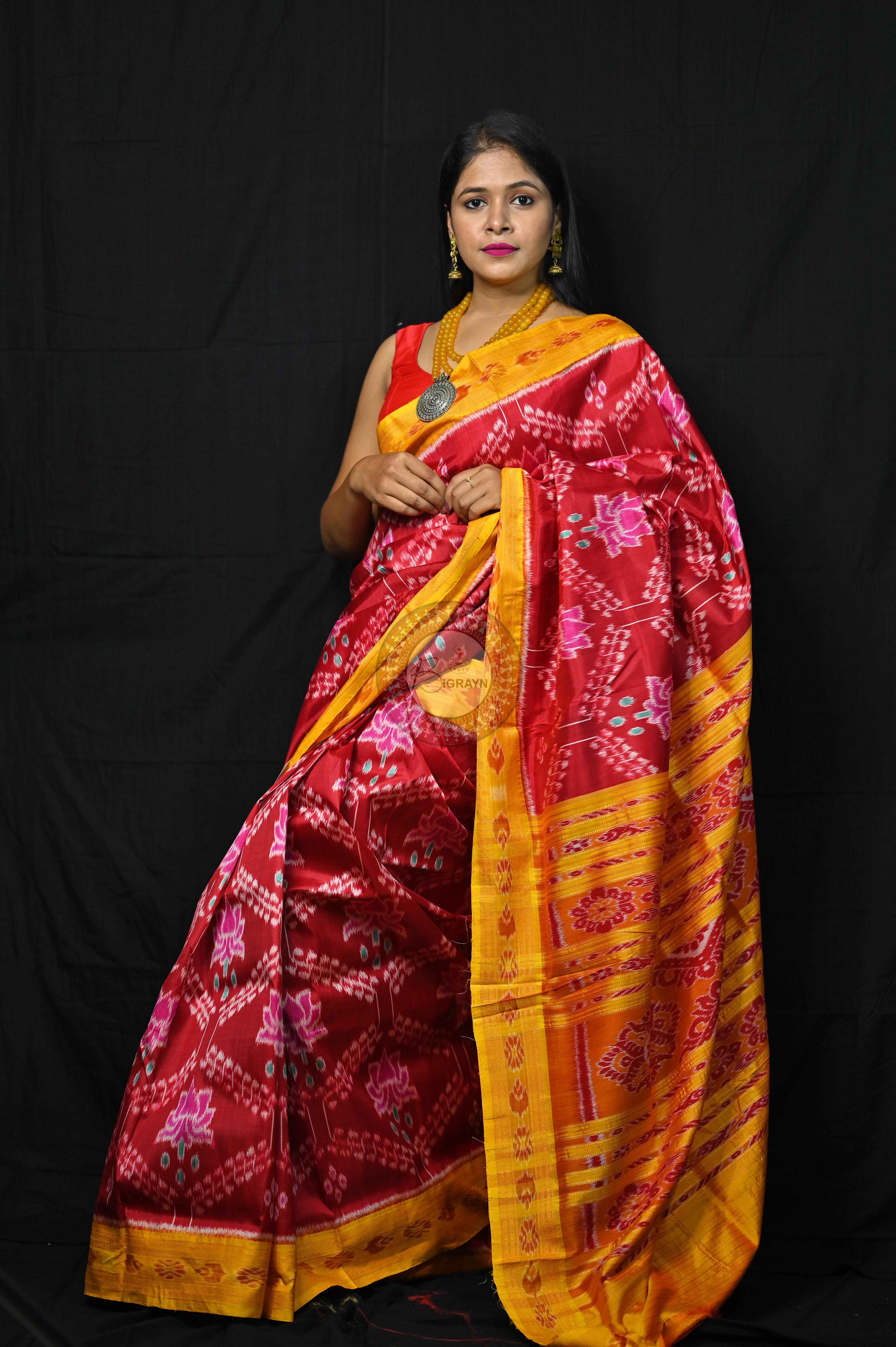 Maroon Yellow Pink Lotus Khandua Silk Saree