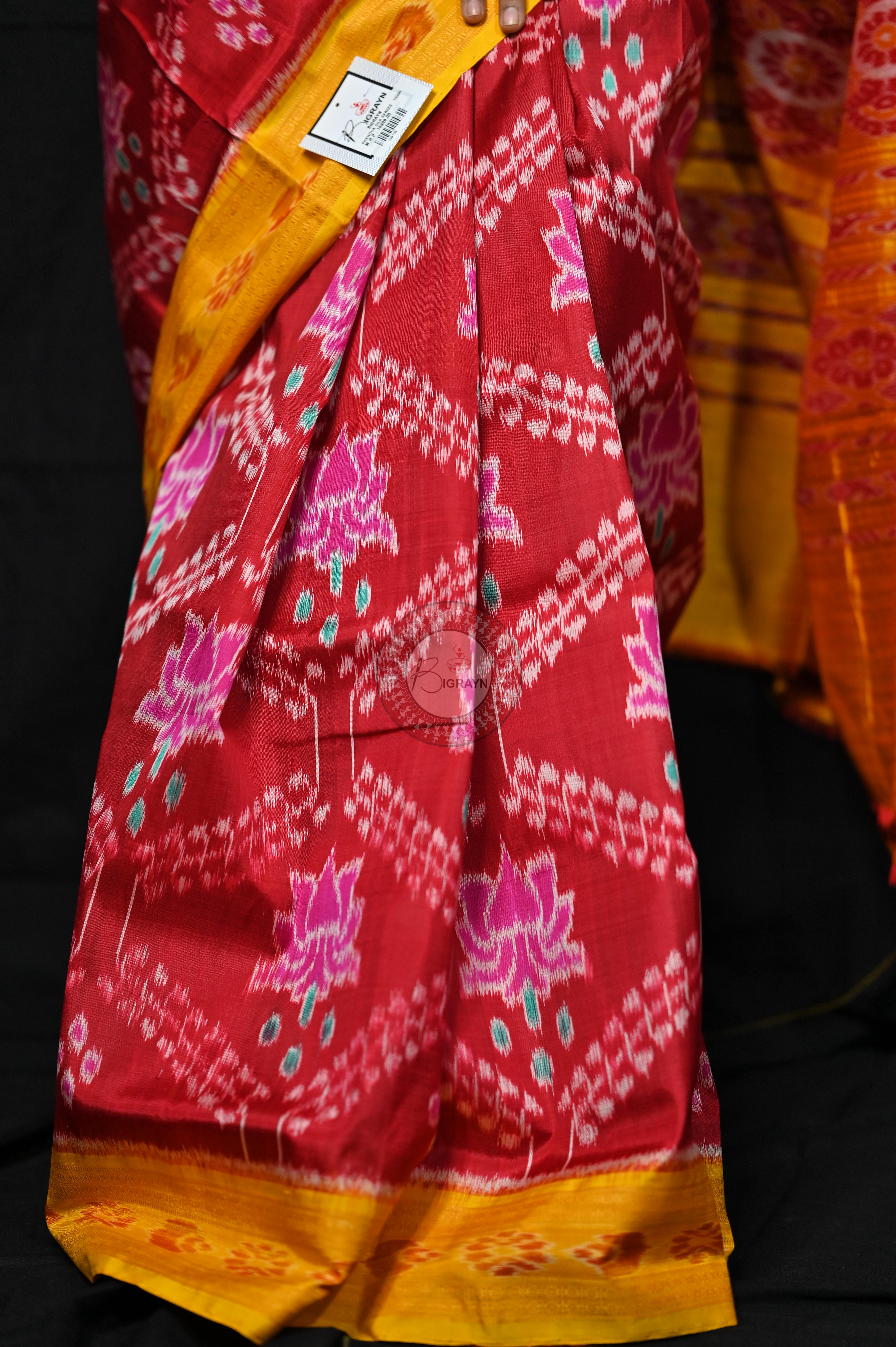 Maroon Yellow Pink Lotus Khandua Silk Saree