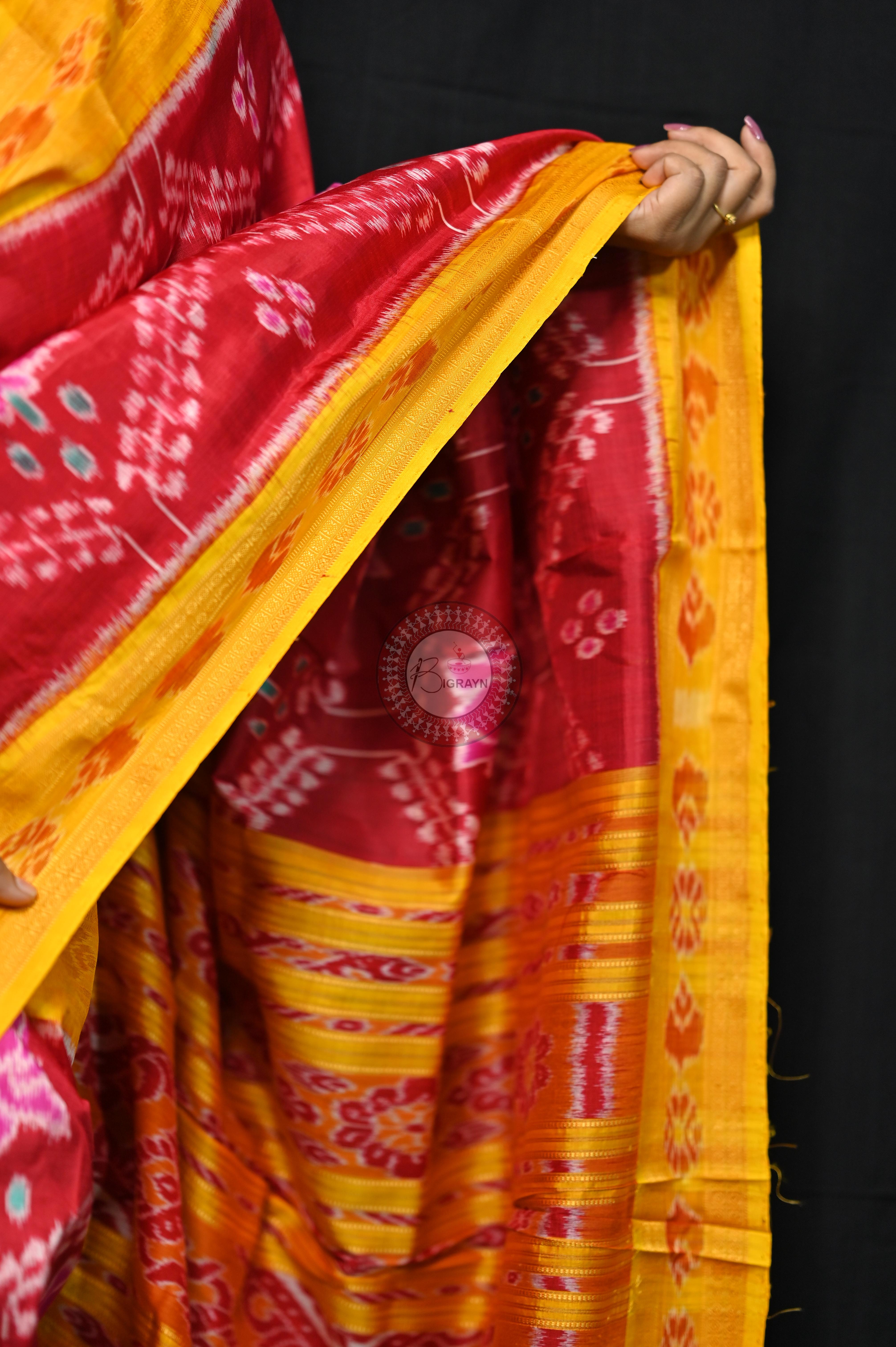 Maroon Yellow Pink Lotus Khandua Silk Saree