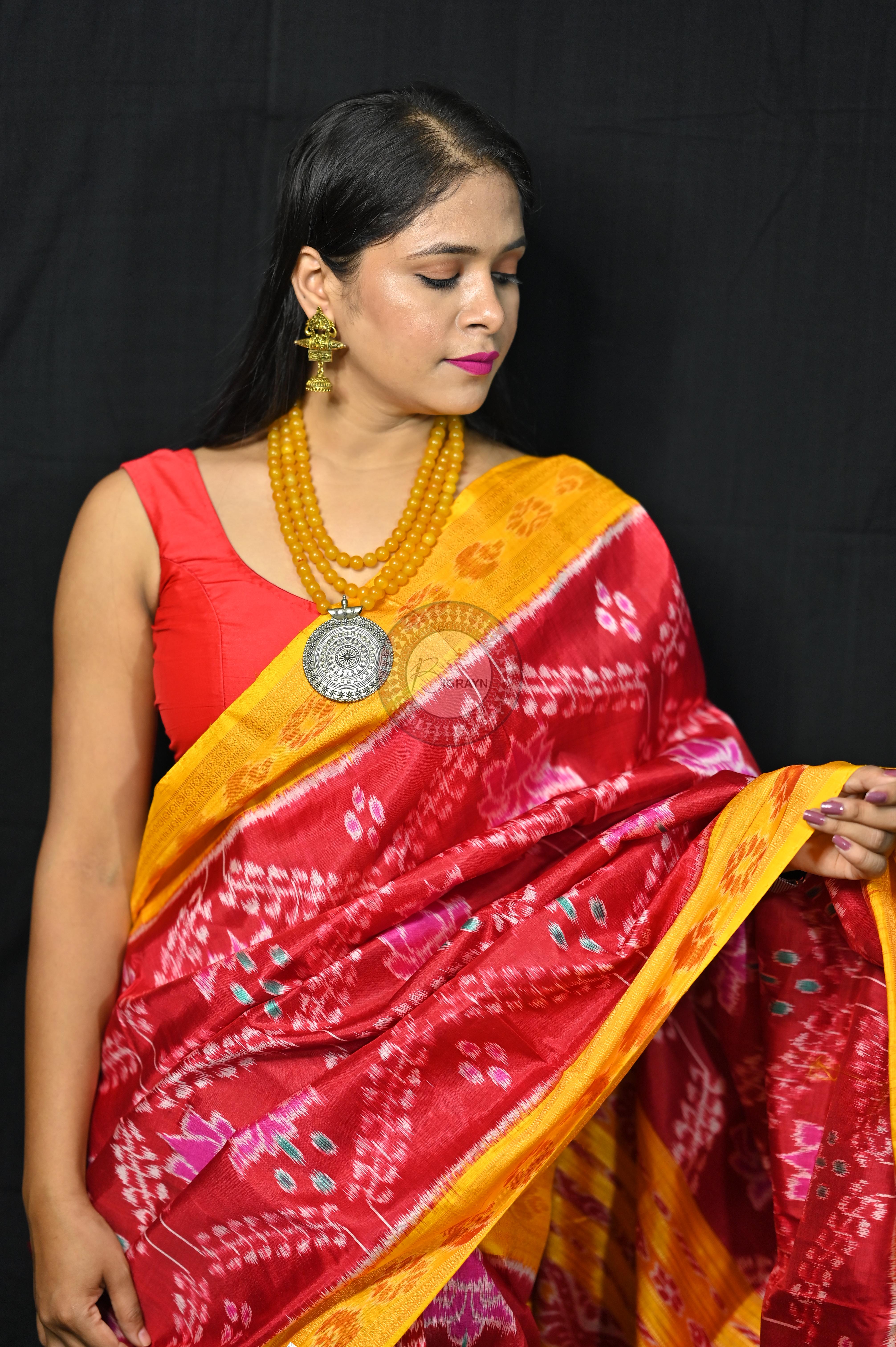 Maroon Yellow Pink Lotus Khandua Silk Saree