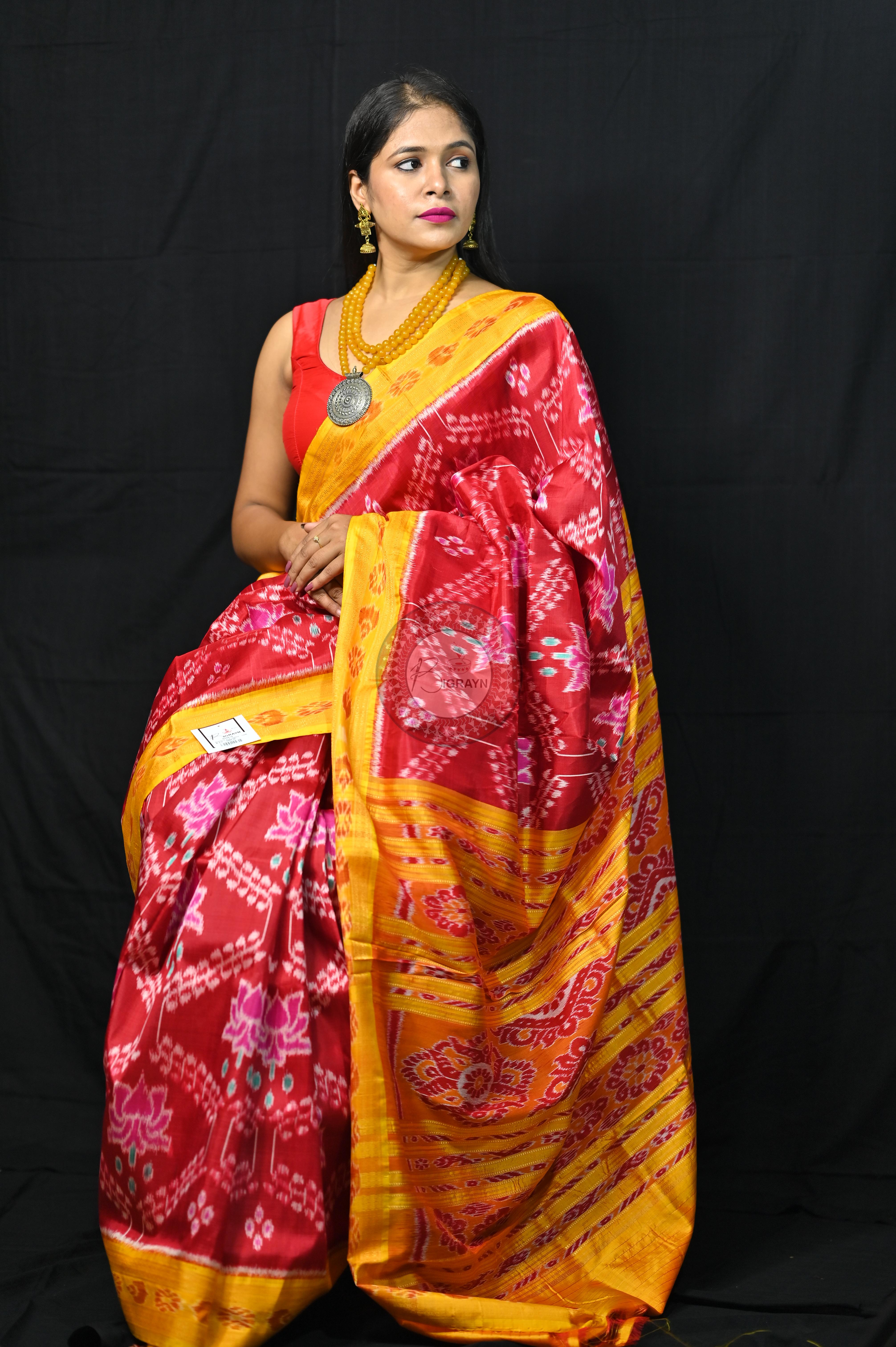 Maroon Yellow Pink Lotus Khandua Silk Saree