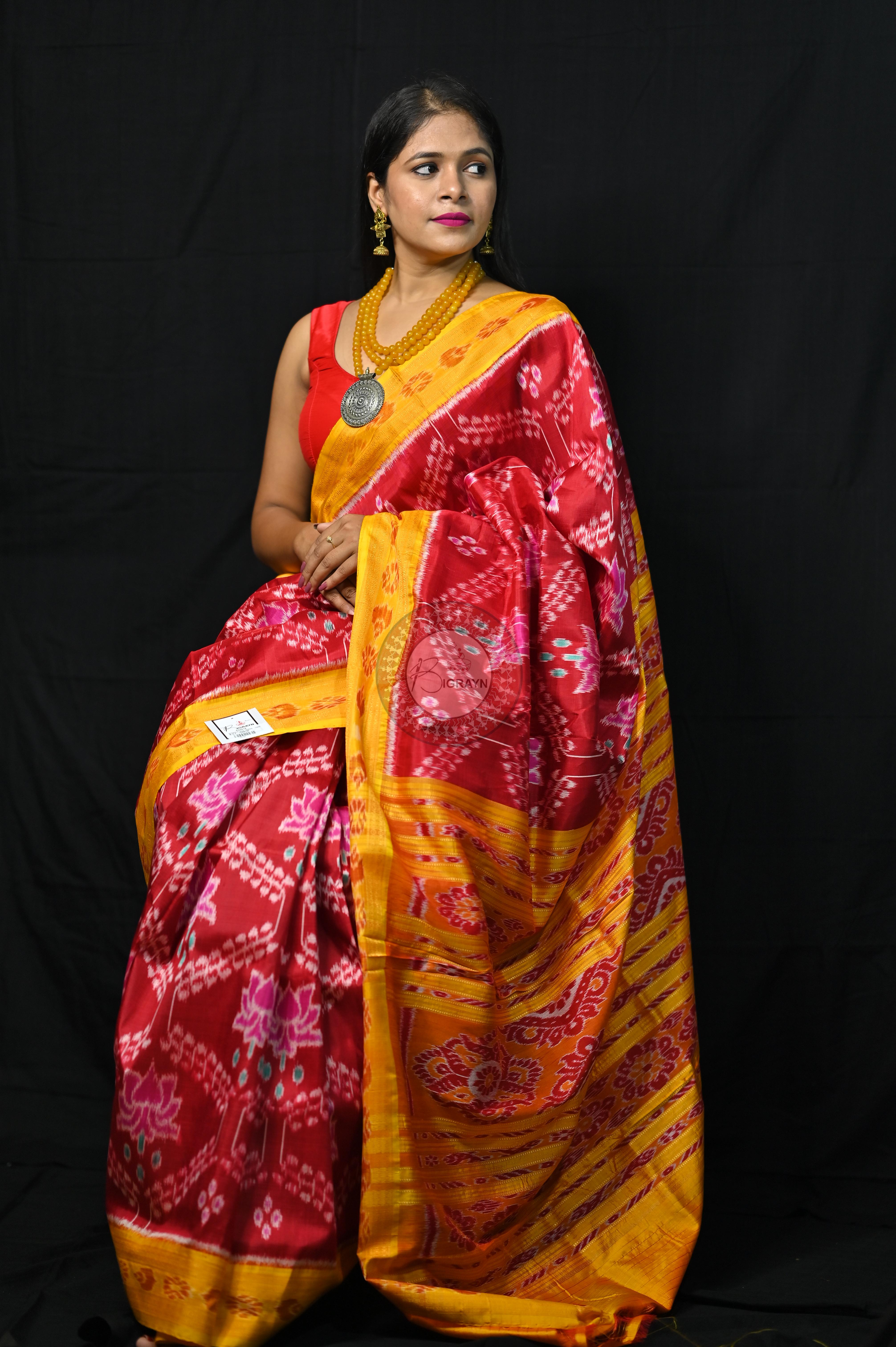 Maroon Yellow Pink Lotus Khandua Silk Saree