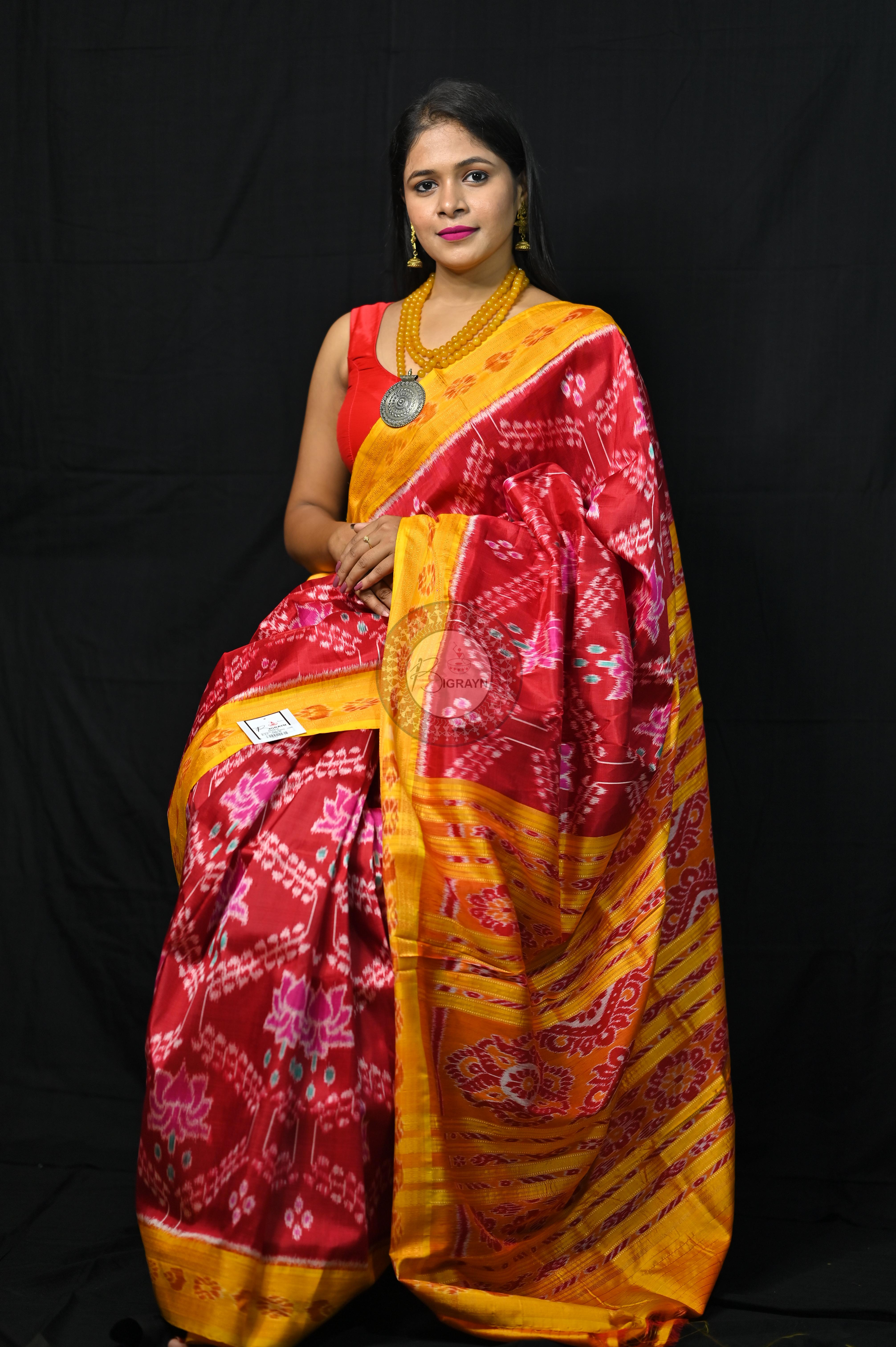 Maroon Yellow Pink Lotus Khandua Silk Saree