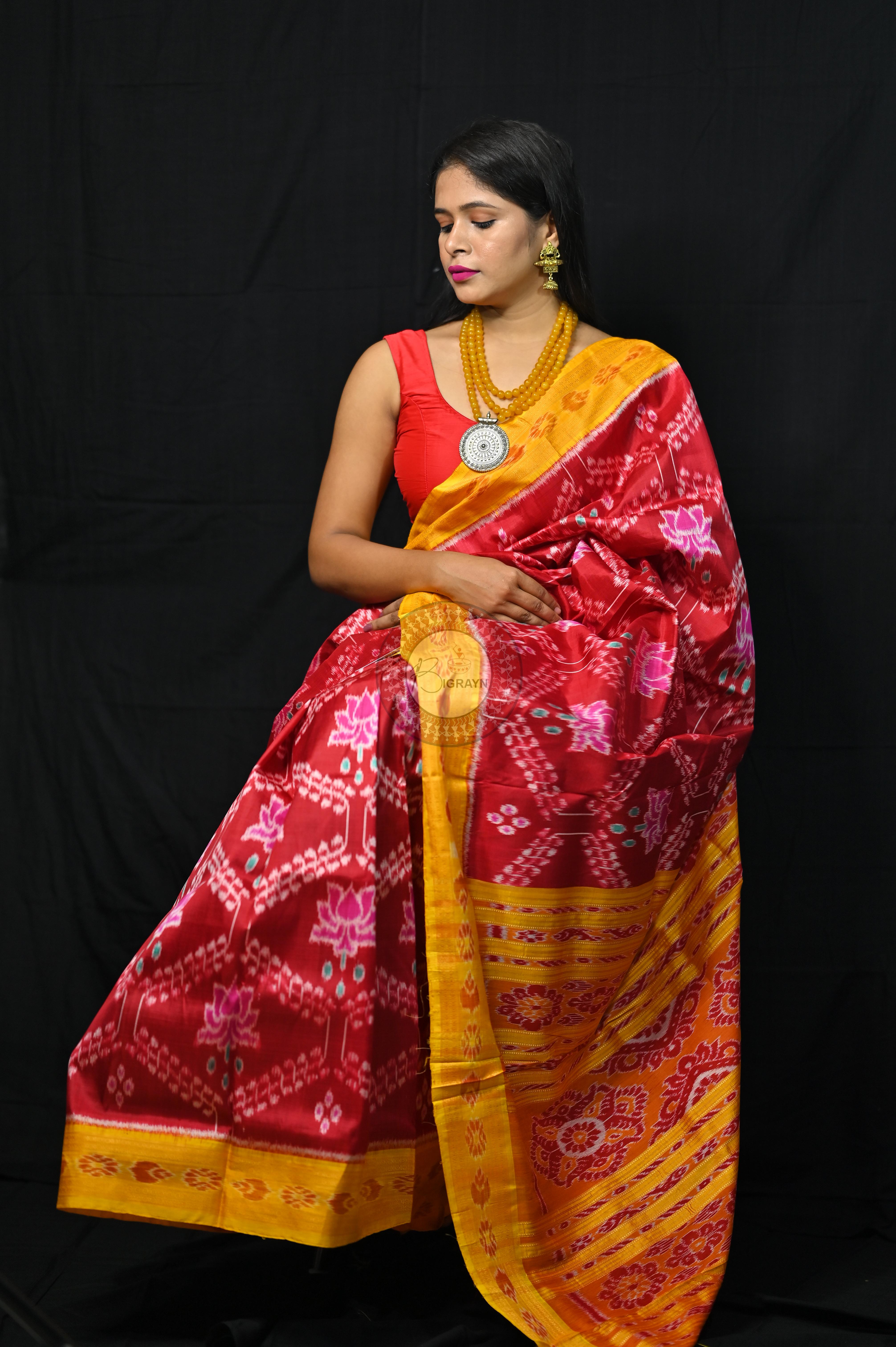Maroon Yellow Pink Lotus Khandua Silk Saree