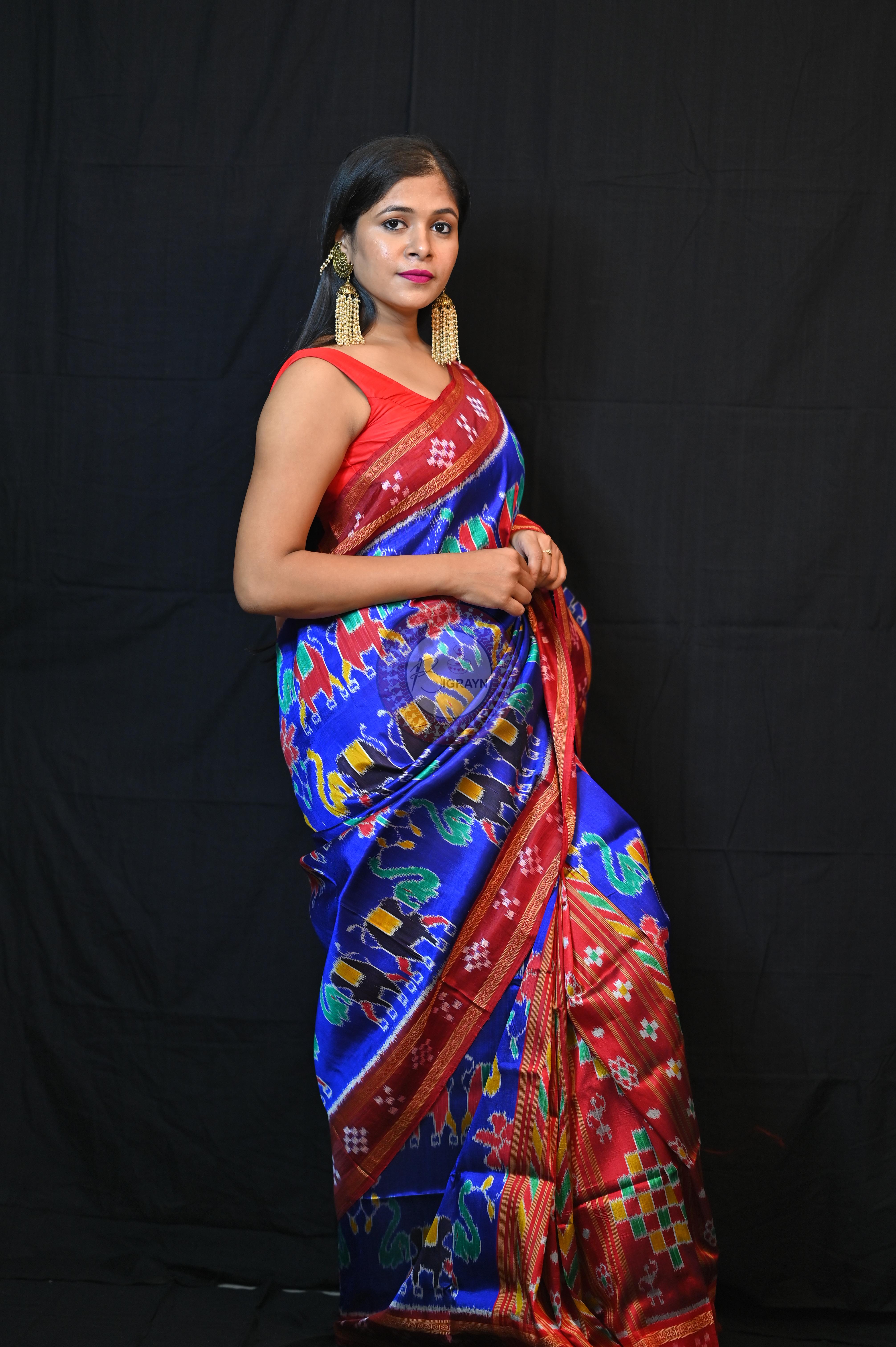 Blue Red Elephant lotus Khandua Silk Saree