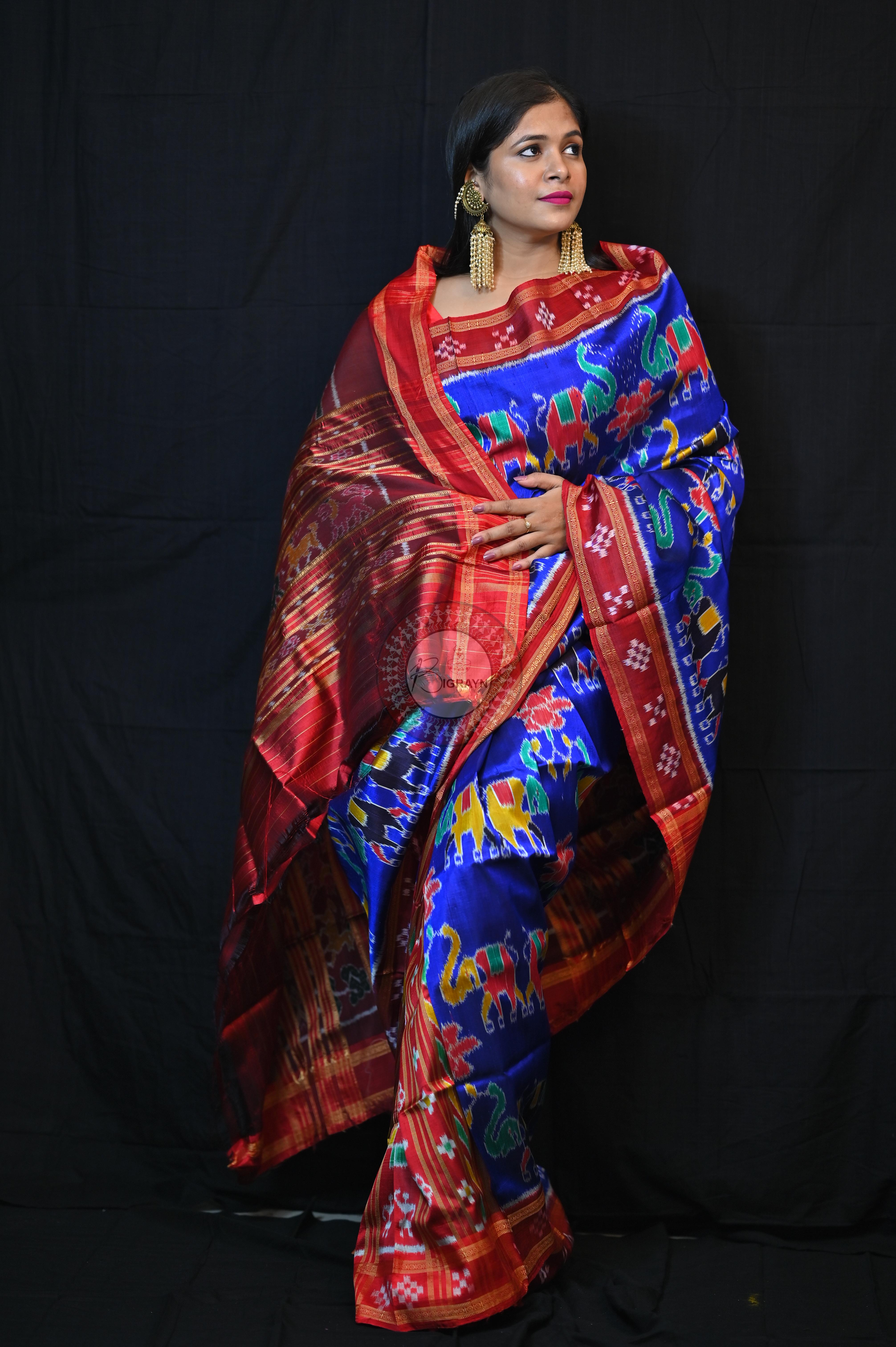 Blue Red Elephant lotus Khandua Silk Saree