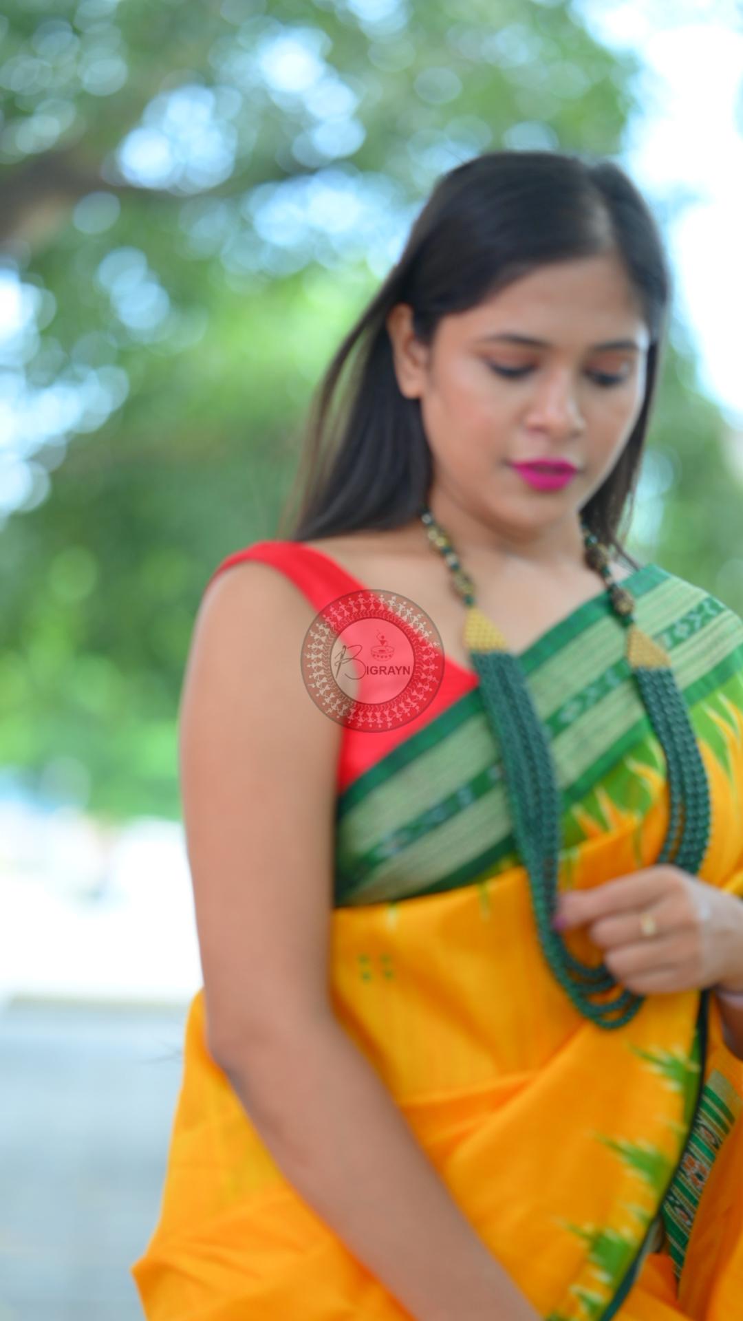 Yellow Green Temples Khandua Silk Saree