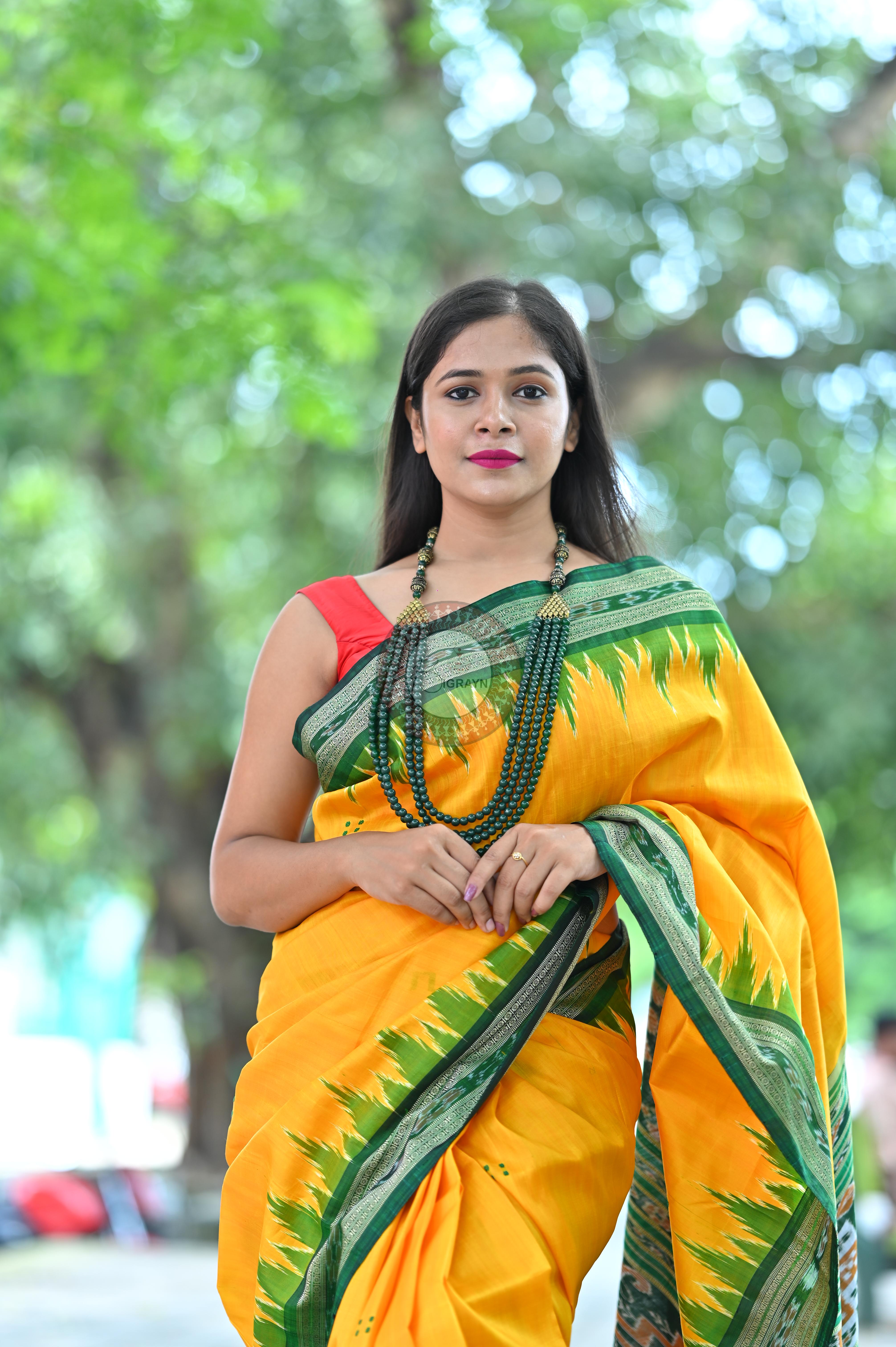 Yellow Green Temples Khandua Silk Saree