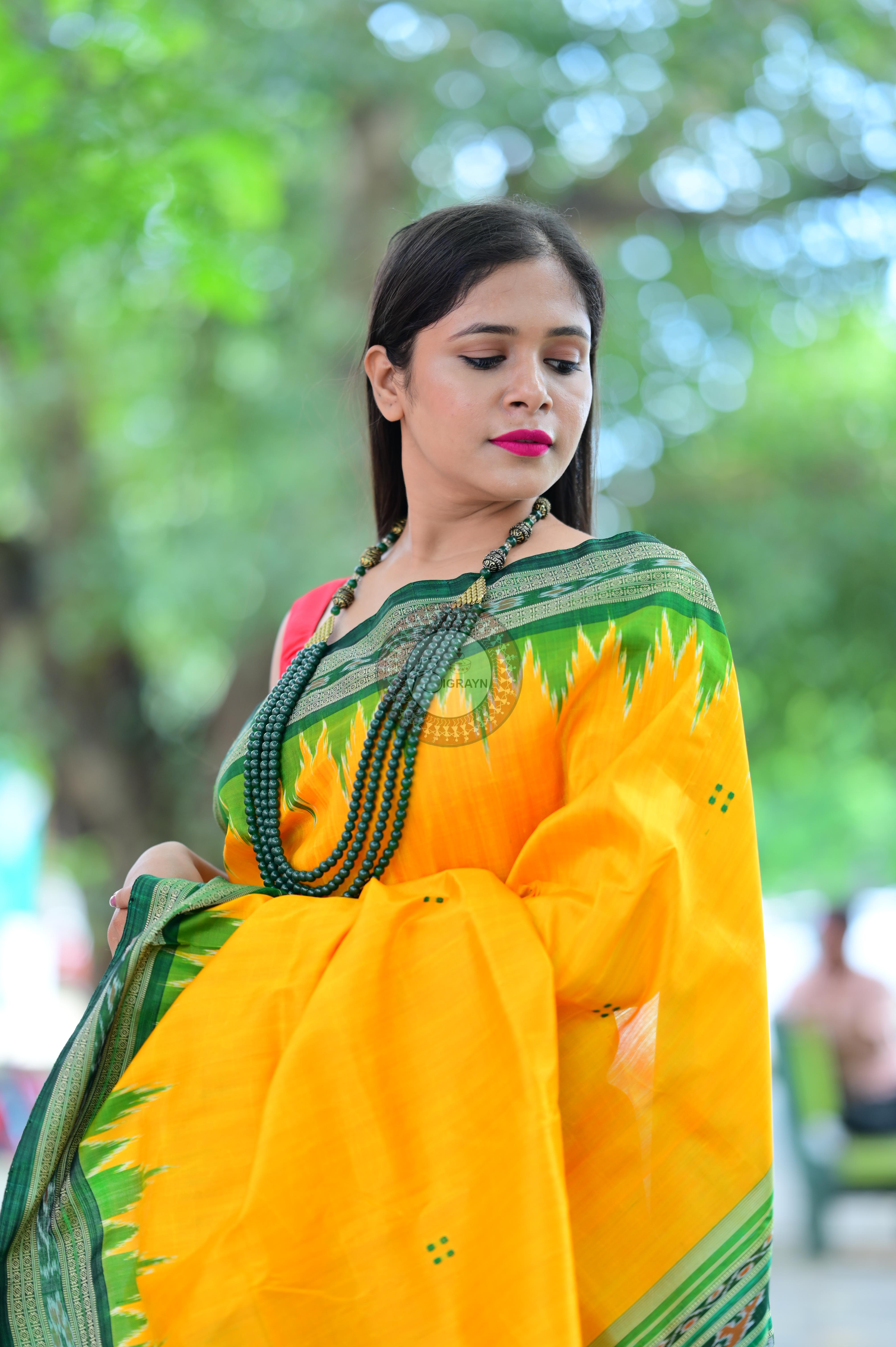Yellow Green Temples Khandua Silk Saree
