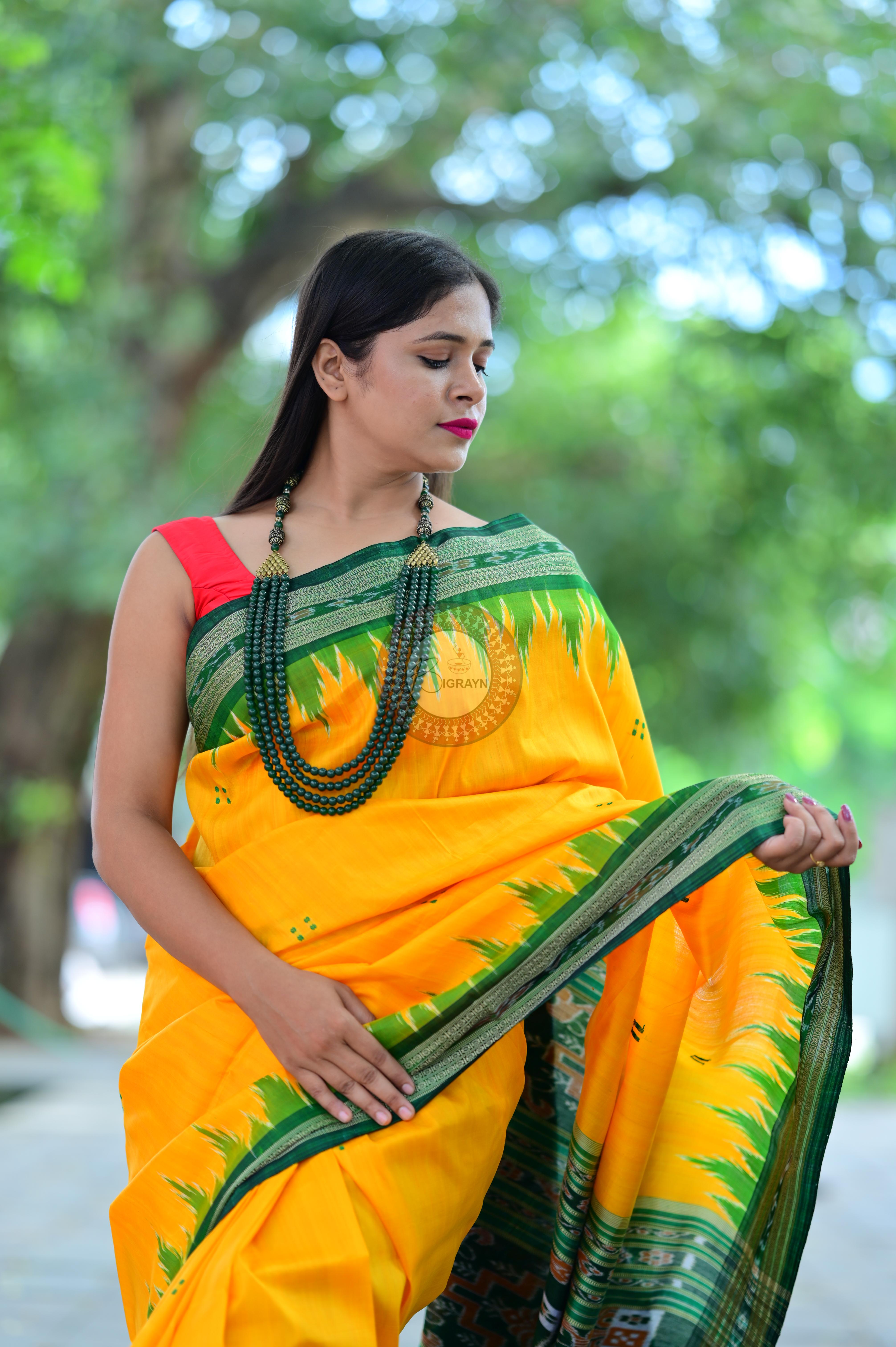 Yellow Green Temples Khandua Silk Saree