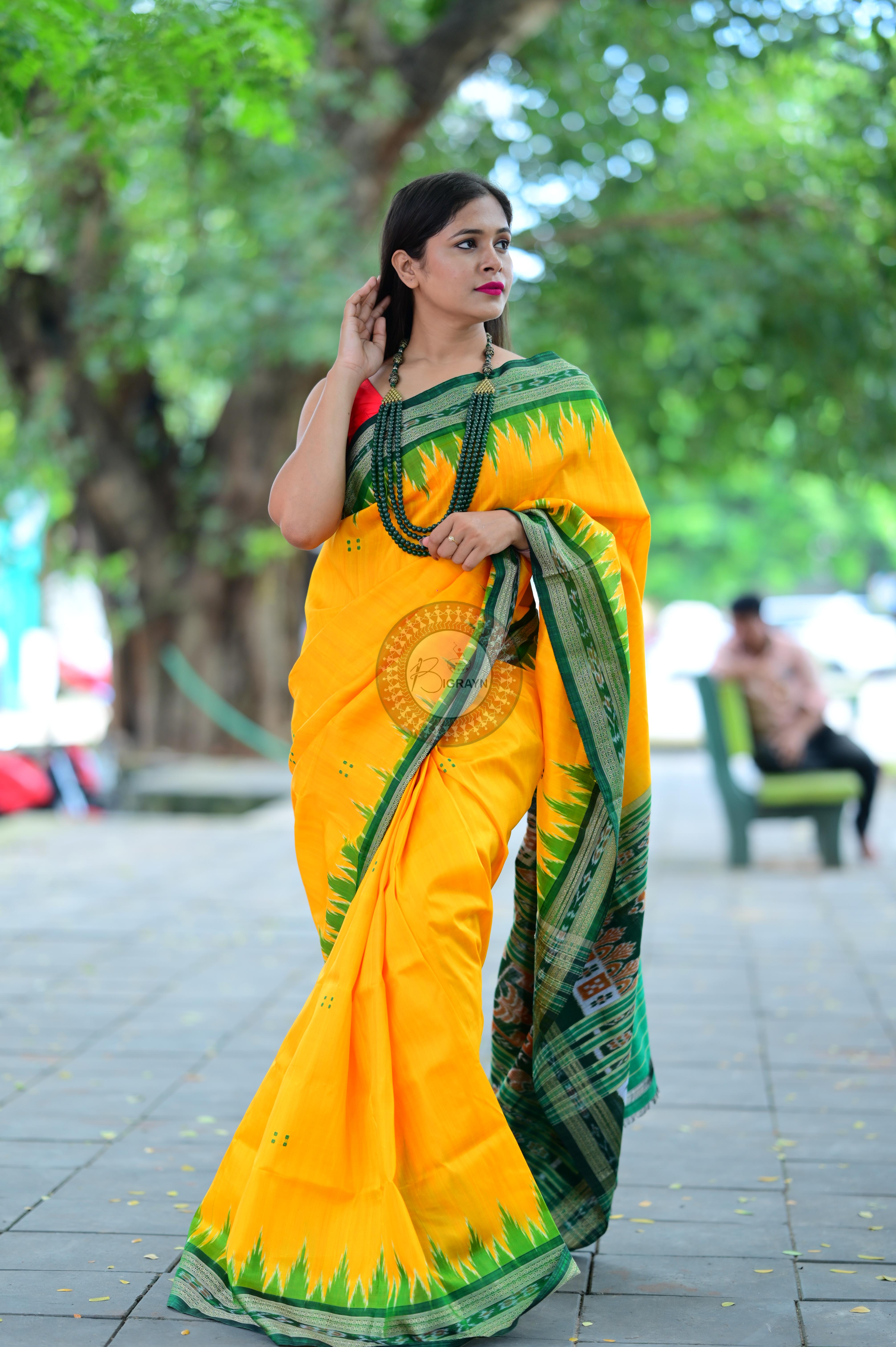 Yellow Green Temples Khandua Silk Saree