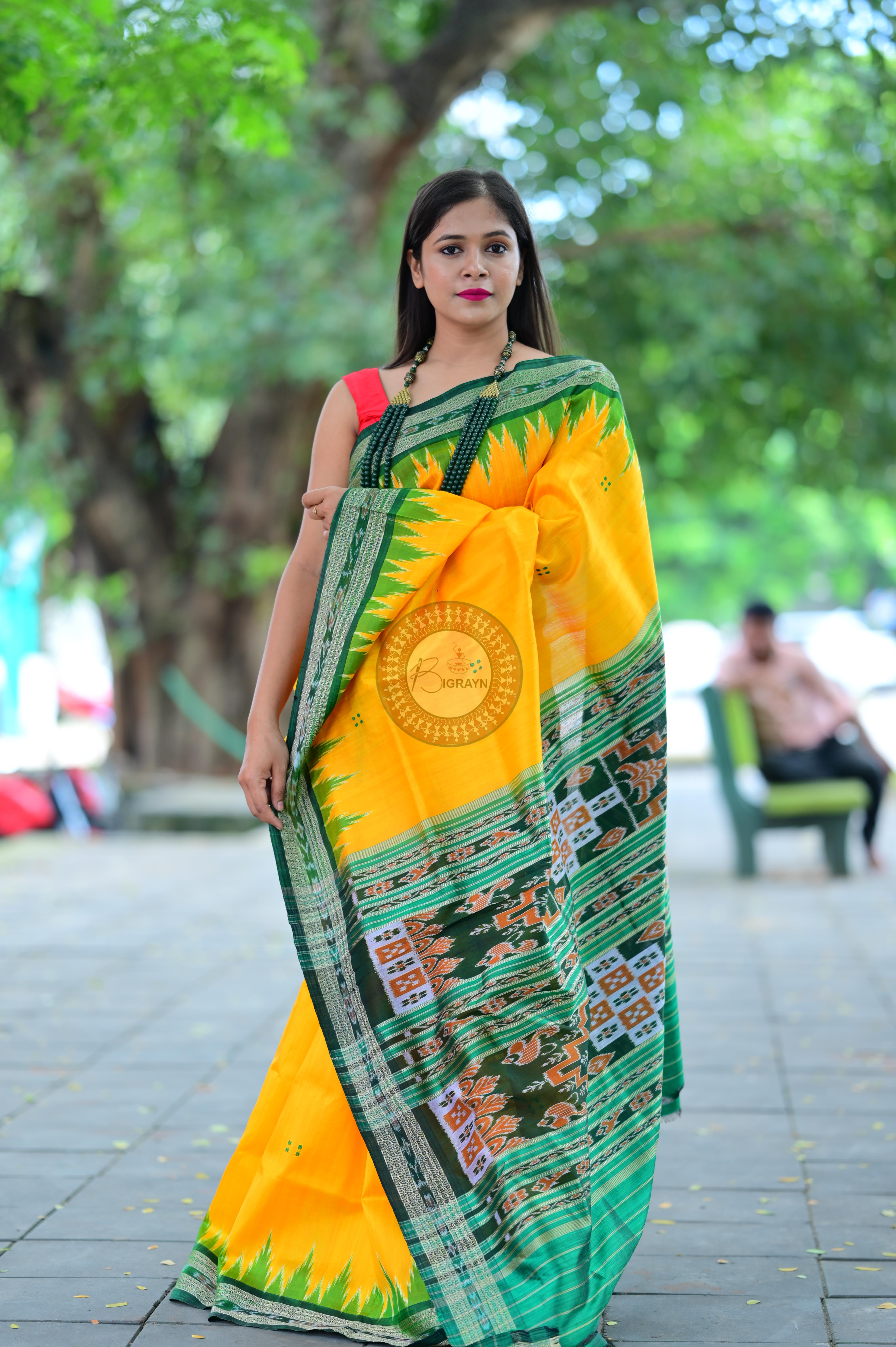 Yellow Green Temples Khandua Silk Saree