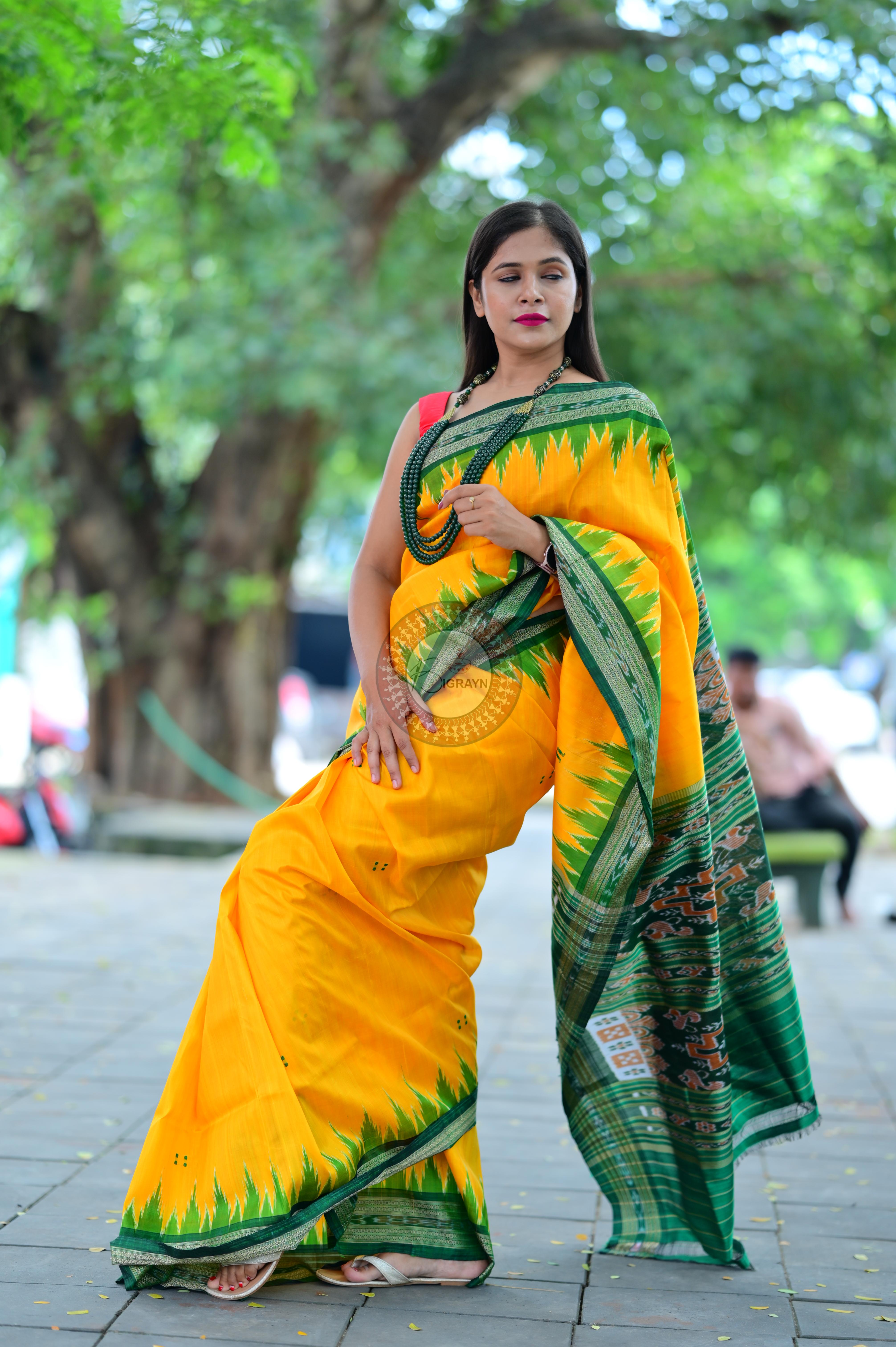Yellow Green Temples Khandua Silk Saree