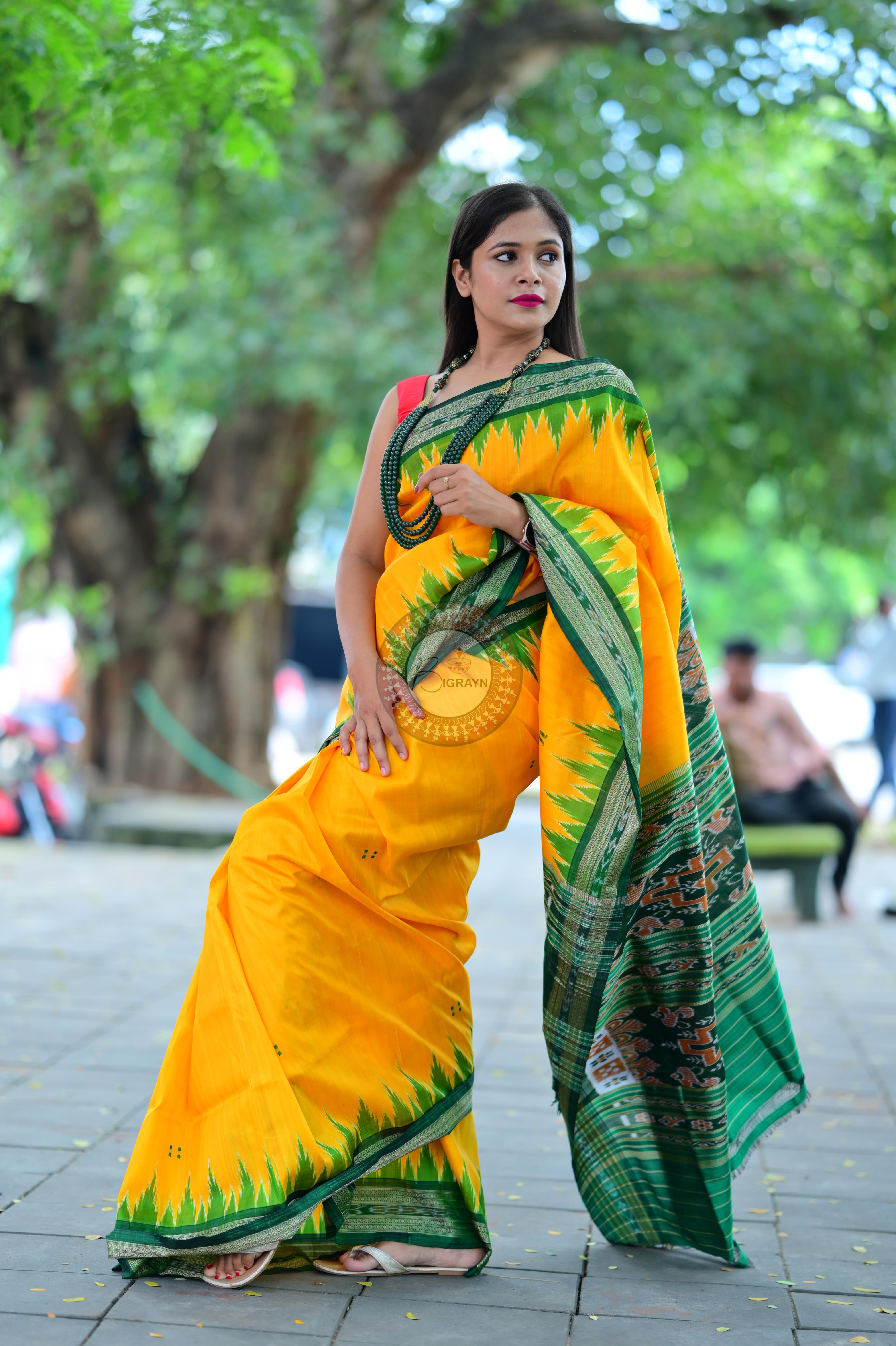 Yellow Green Temples Khandua Silk Saree