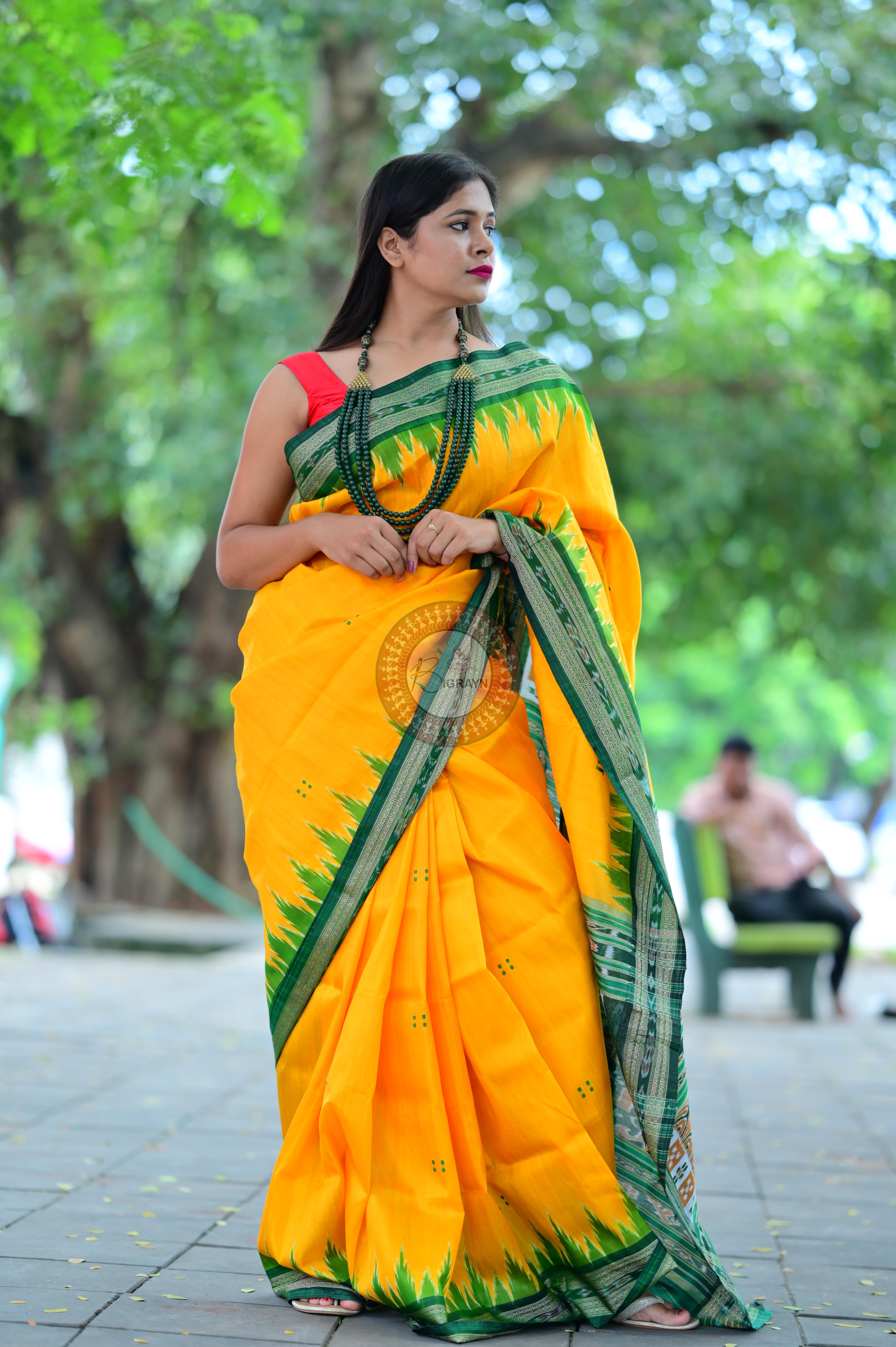 Yellow Green Temples Khandua Silk Saree