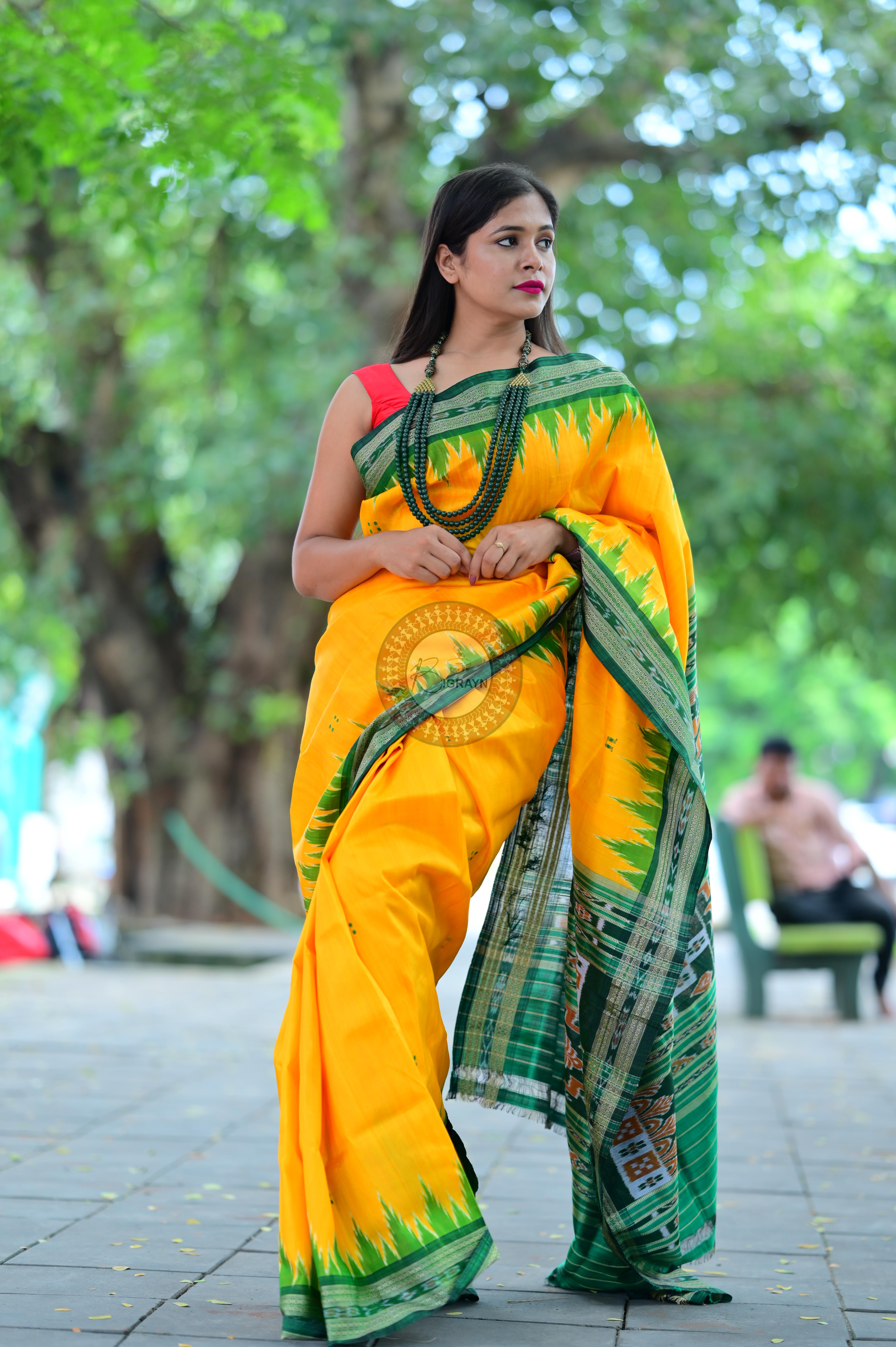 Yellow Green Temples Khandua Silk Saree