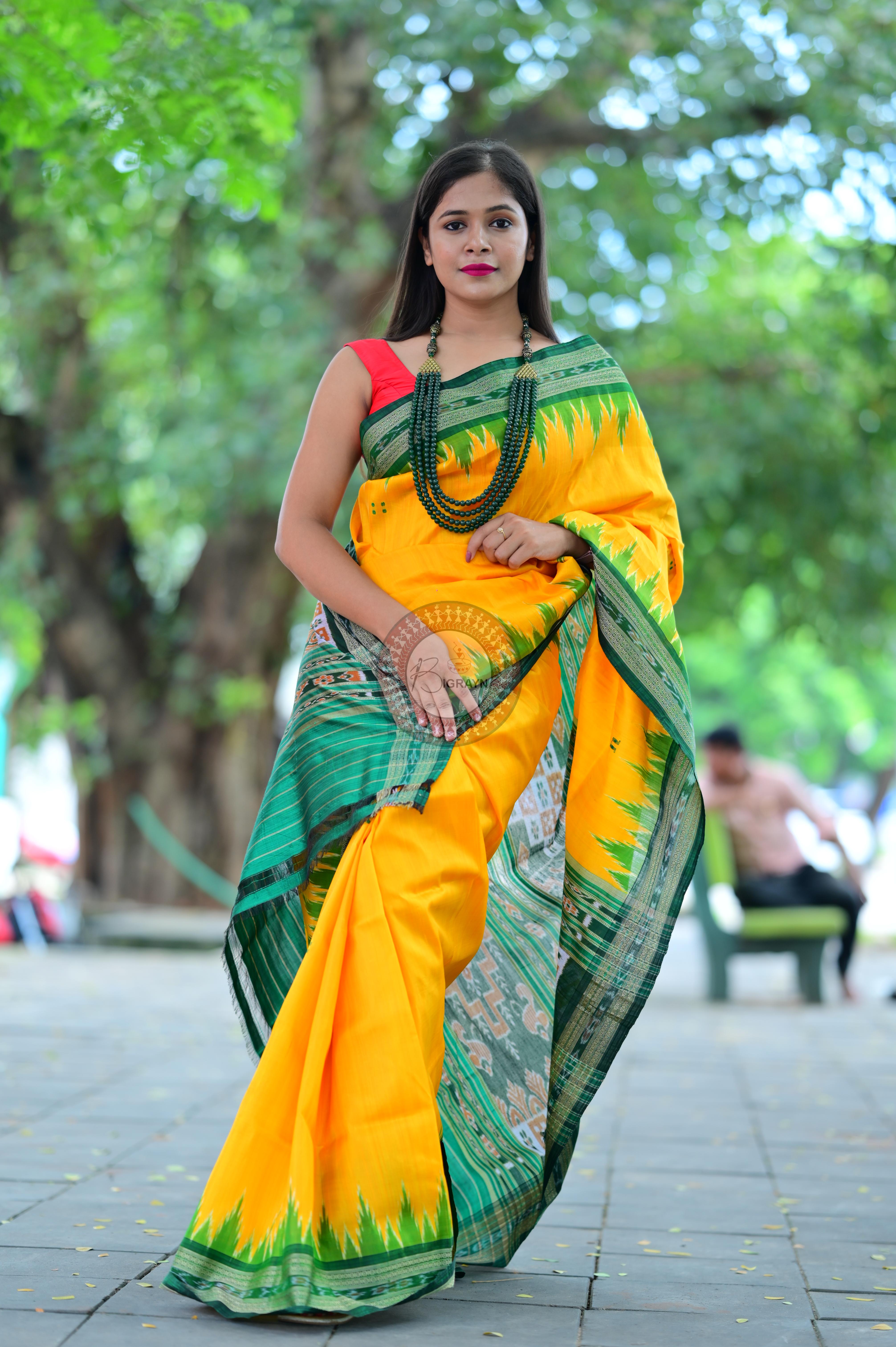 Yellow Green Temples Khandua Silk Saree