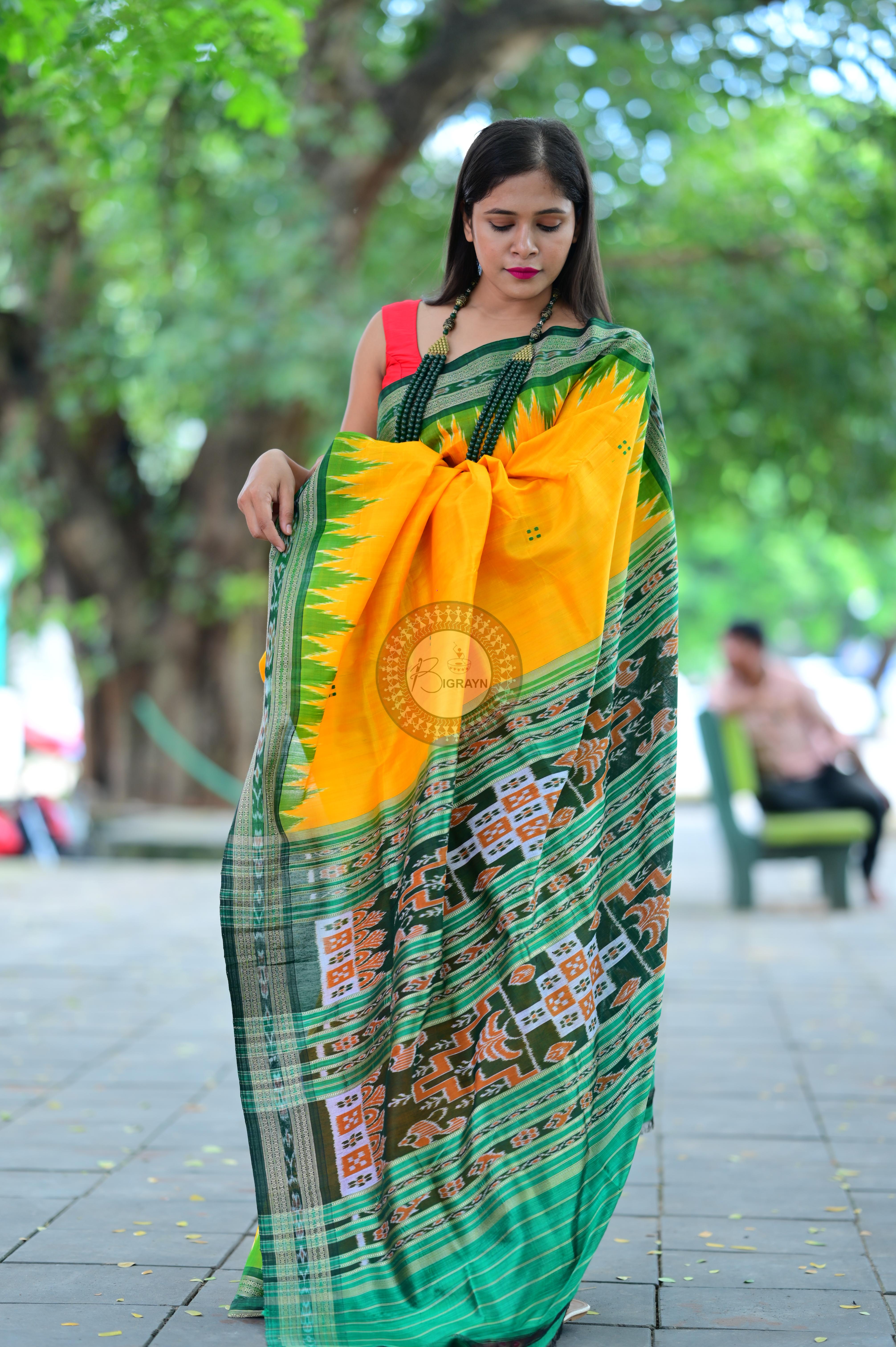 Yellow Green Temples Khandua Silk Saree
