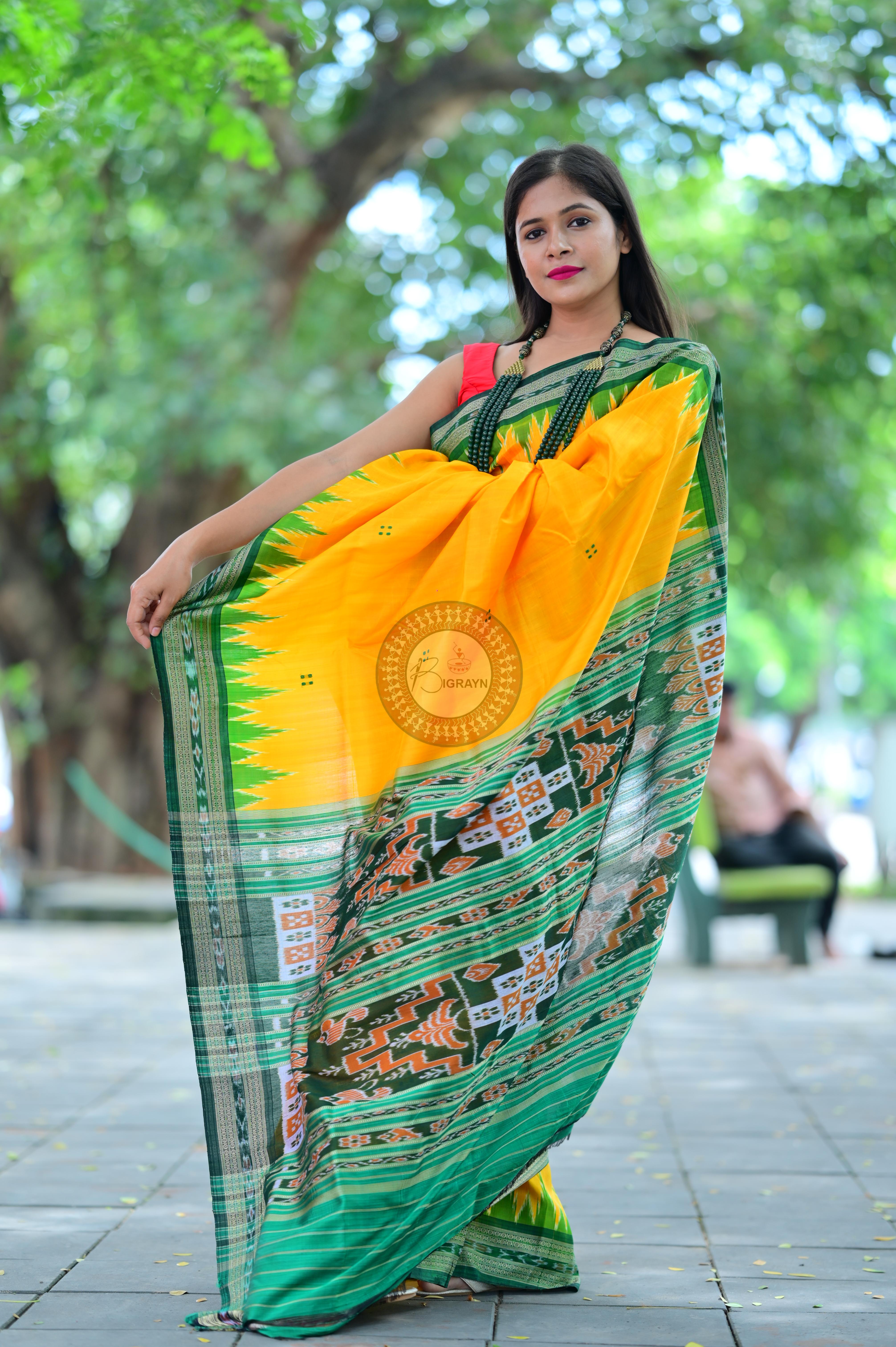 Yellow Green Temples Khandua Silk Saree