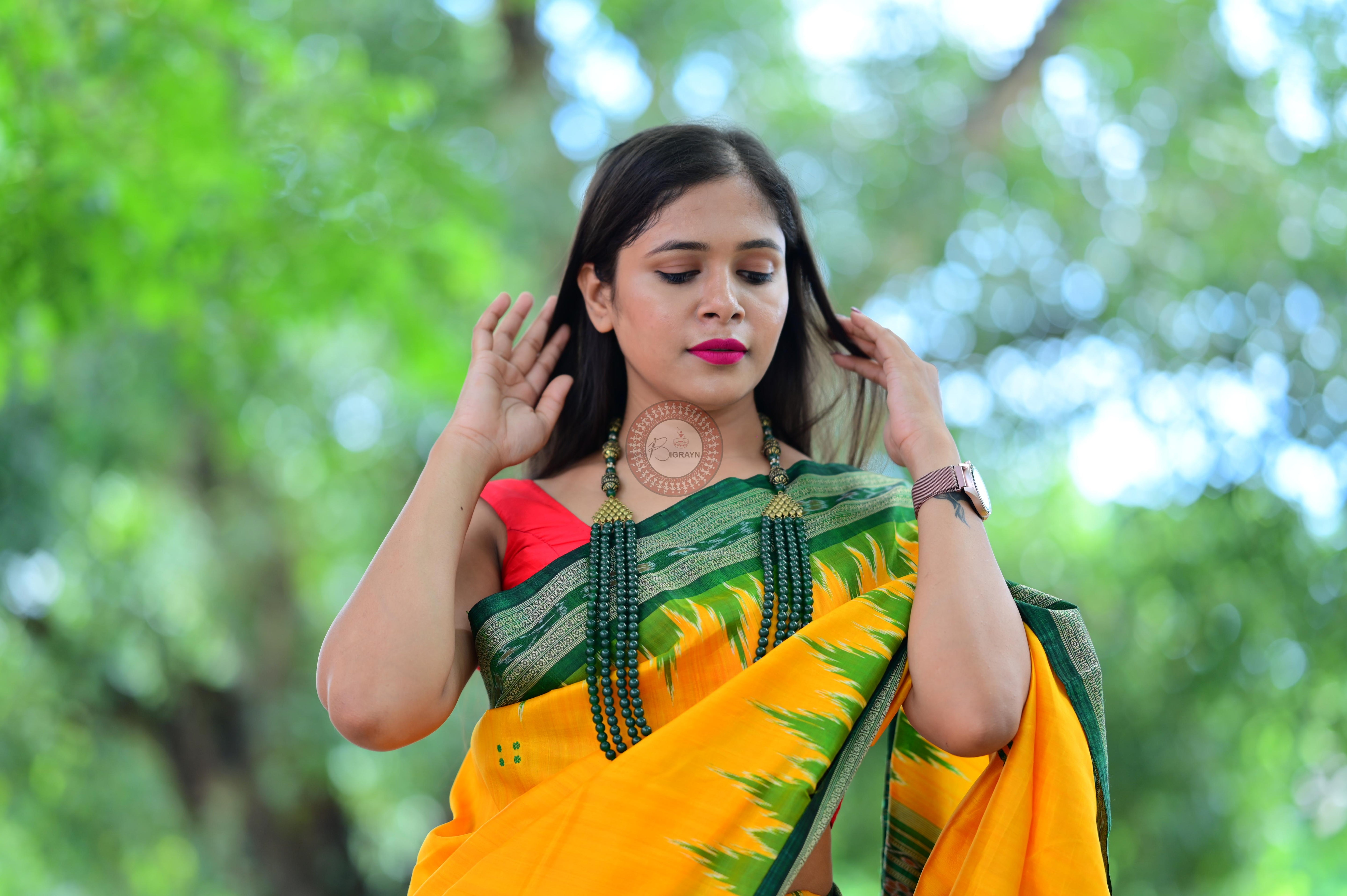 Yellow Green Temples Khandua Silk Saree