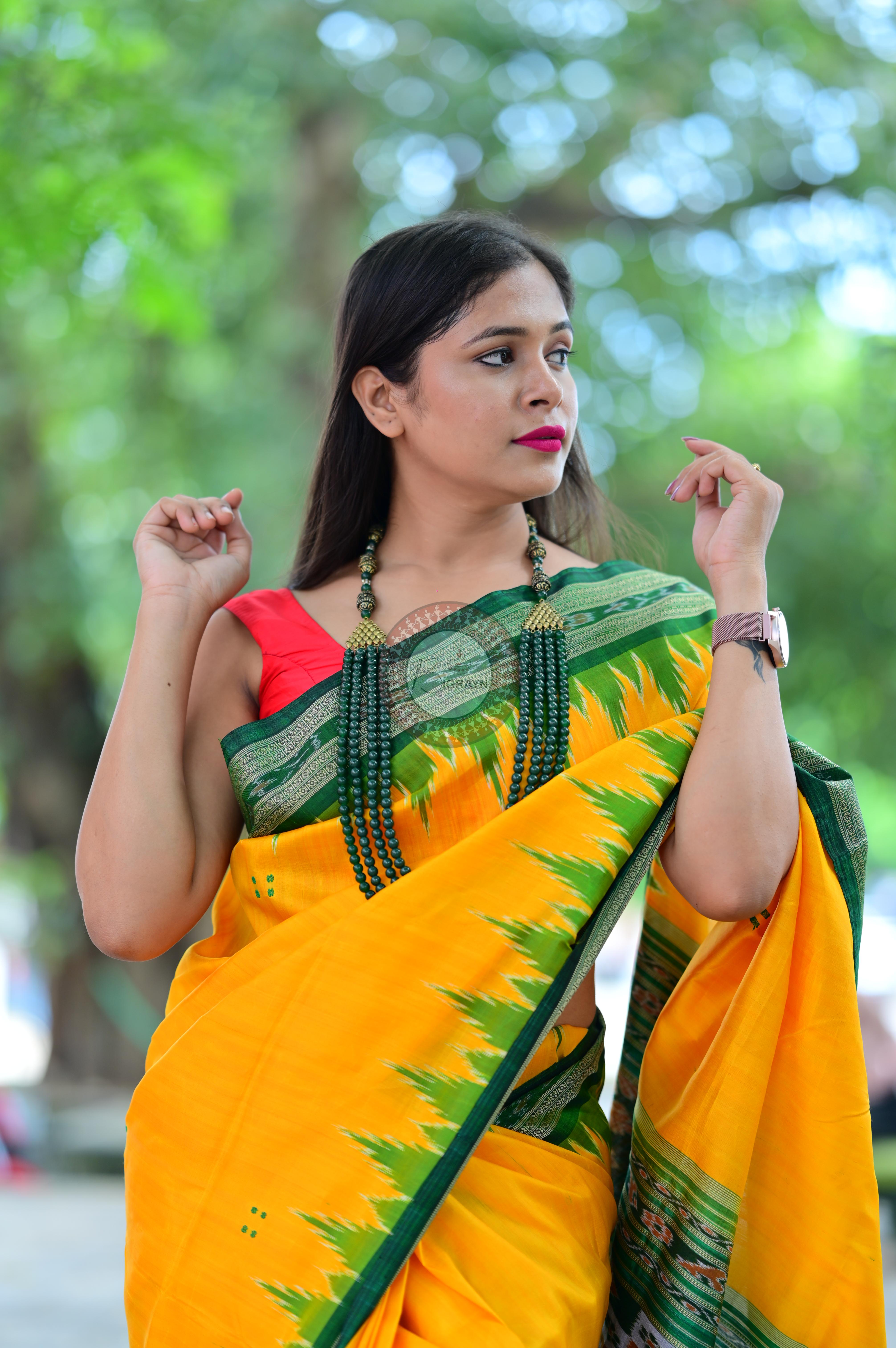Yellow Green Temples Khandua Silk Saree
