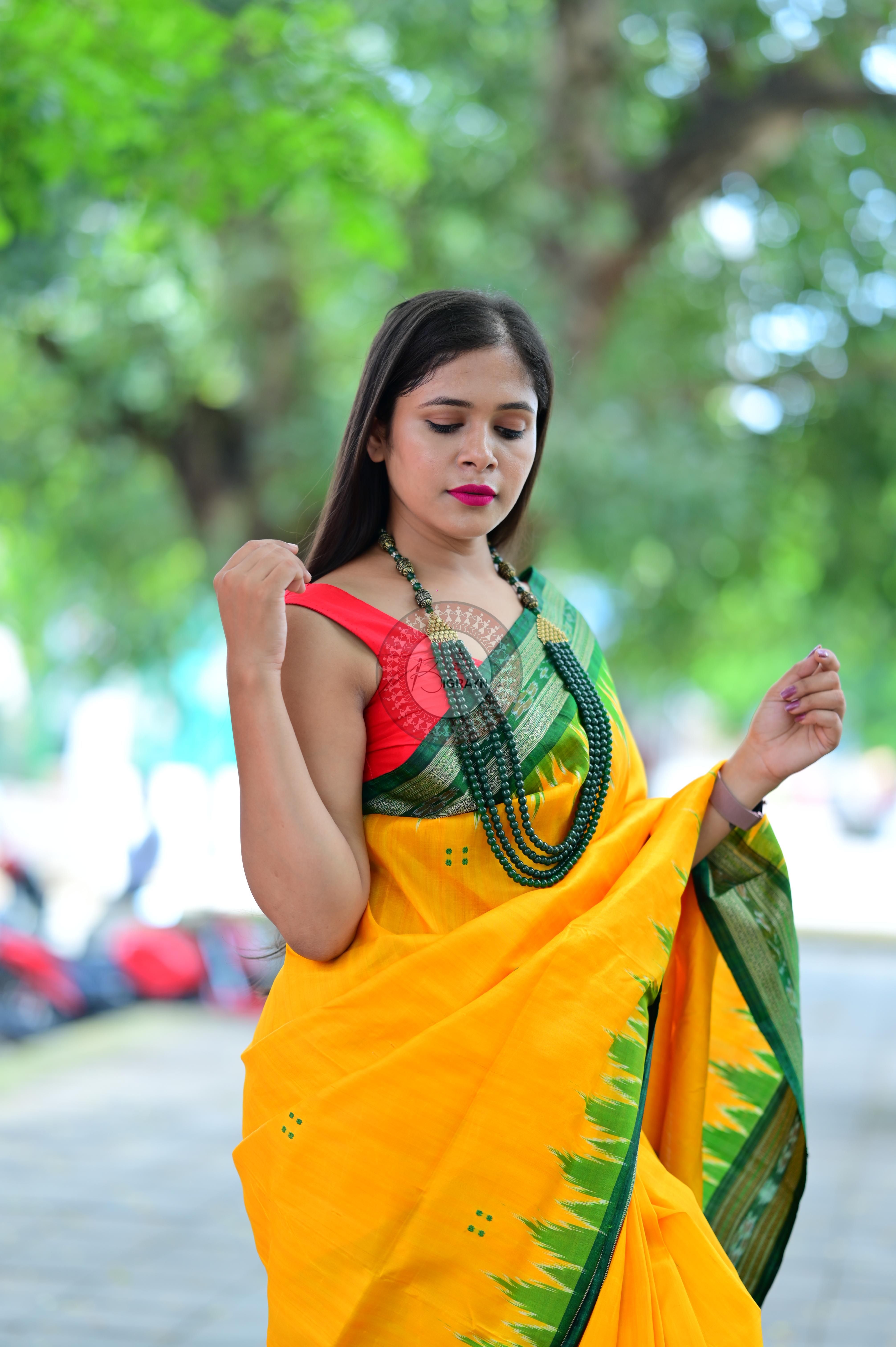 Yellow Green Temples Khandua Silk Saree