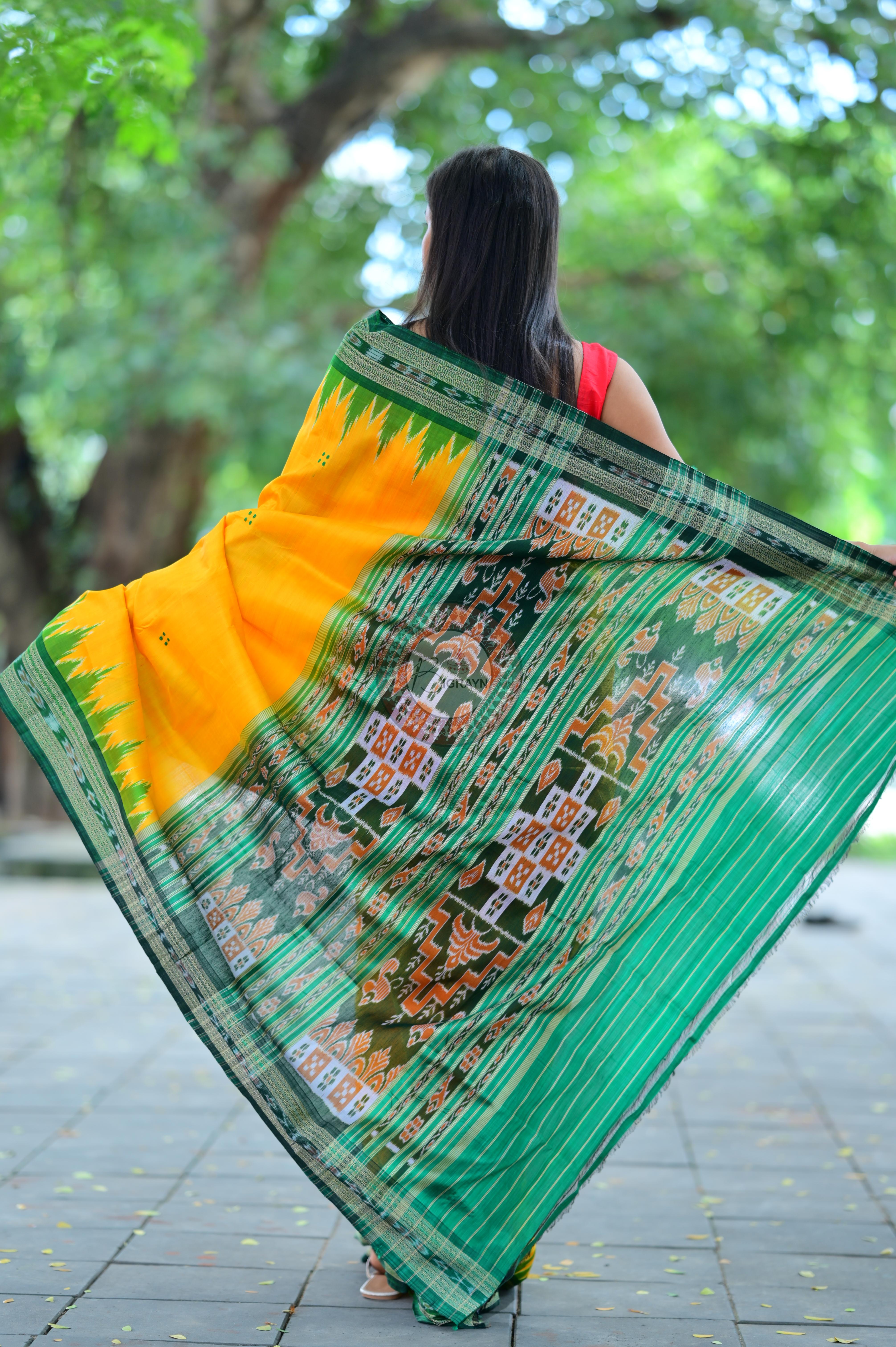 Yellow Green Temples Khandua Silk Saree