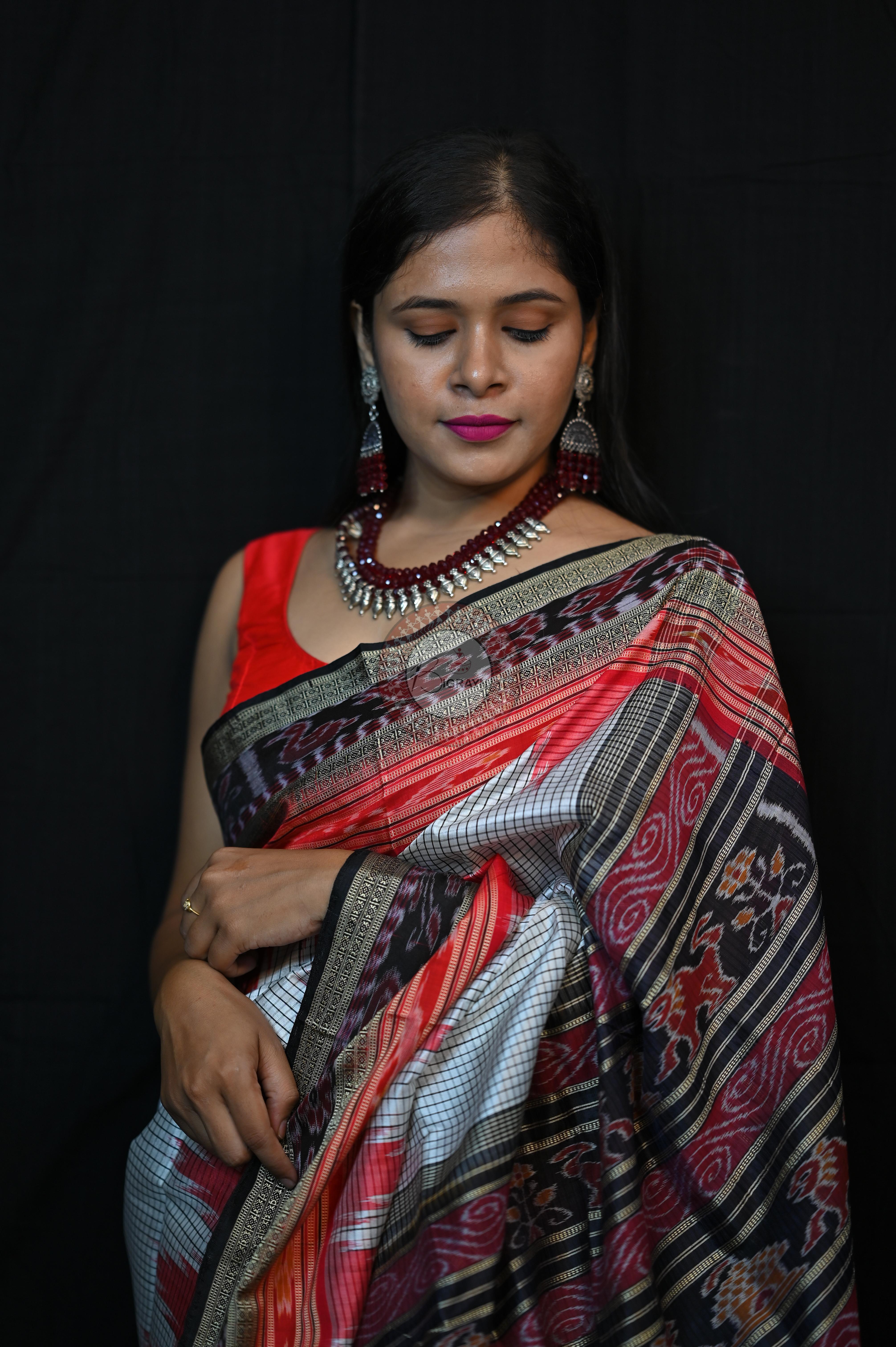 White Red BlackSachipar Khandua Silk Saree