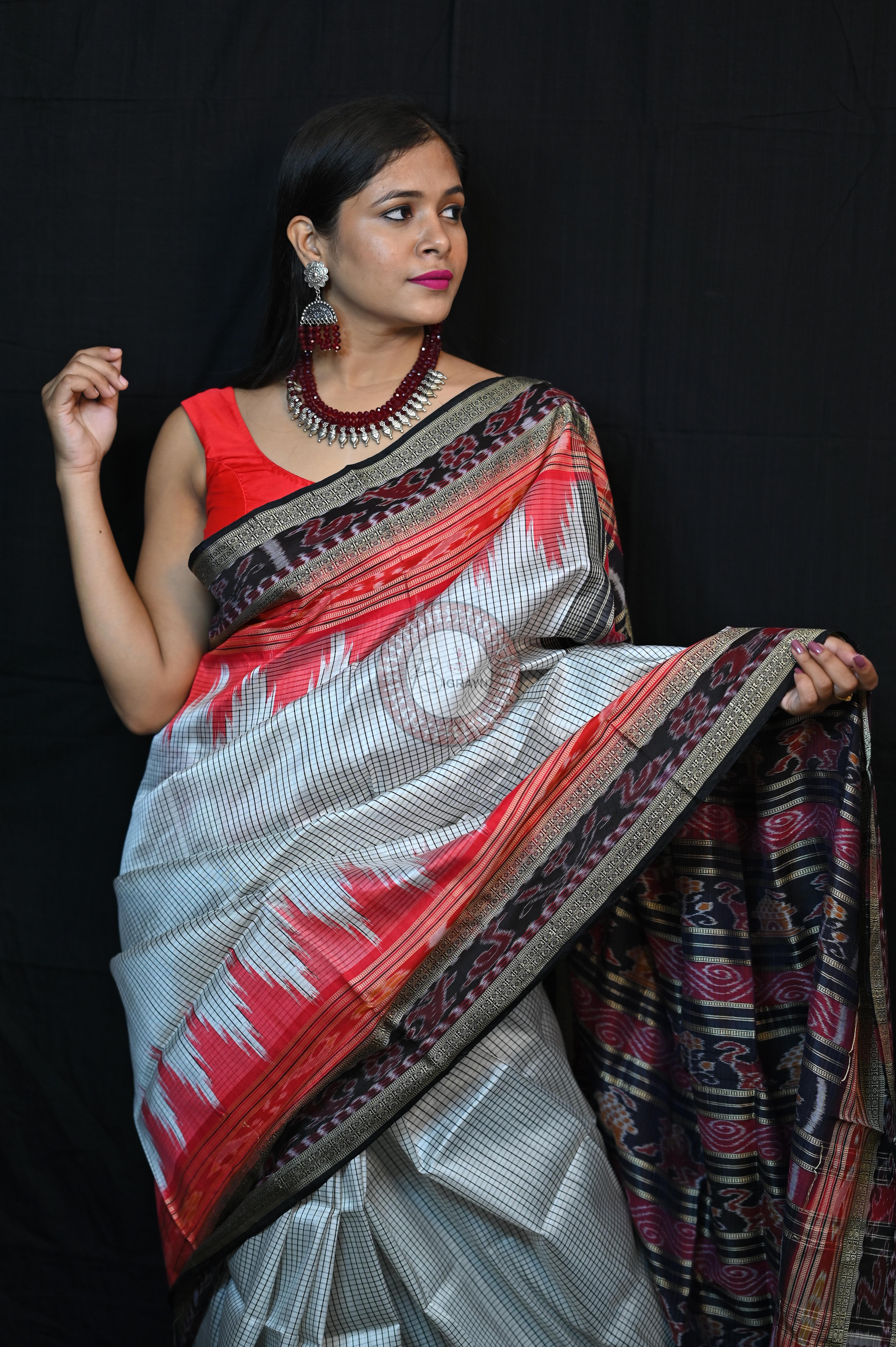 White Red BlackSachipar Khandua Silk Saree