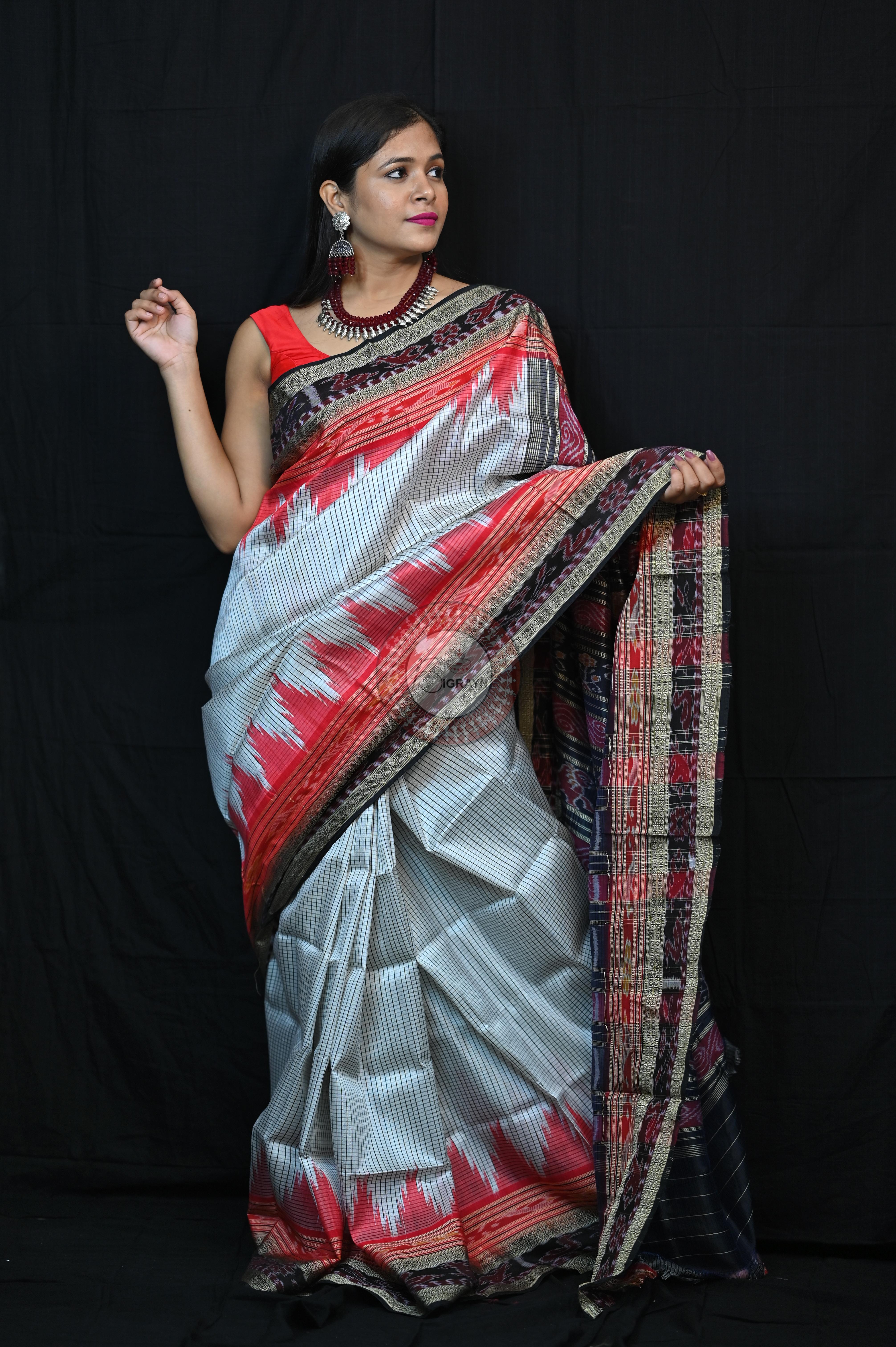 White Red BlackSachipar Khandua Silk Saree