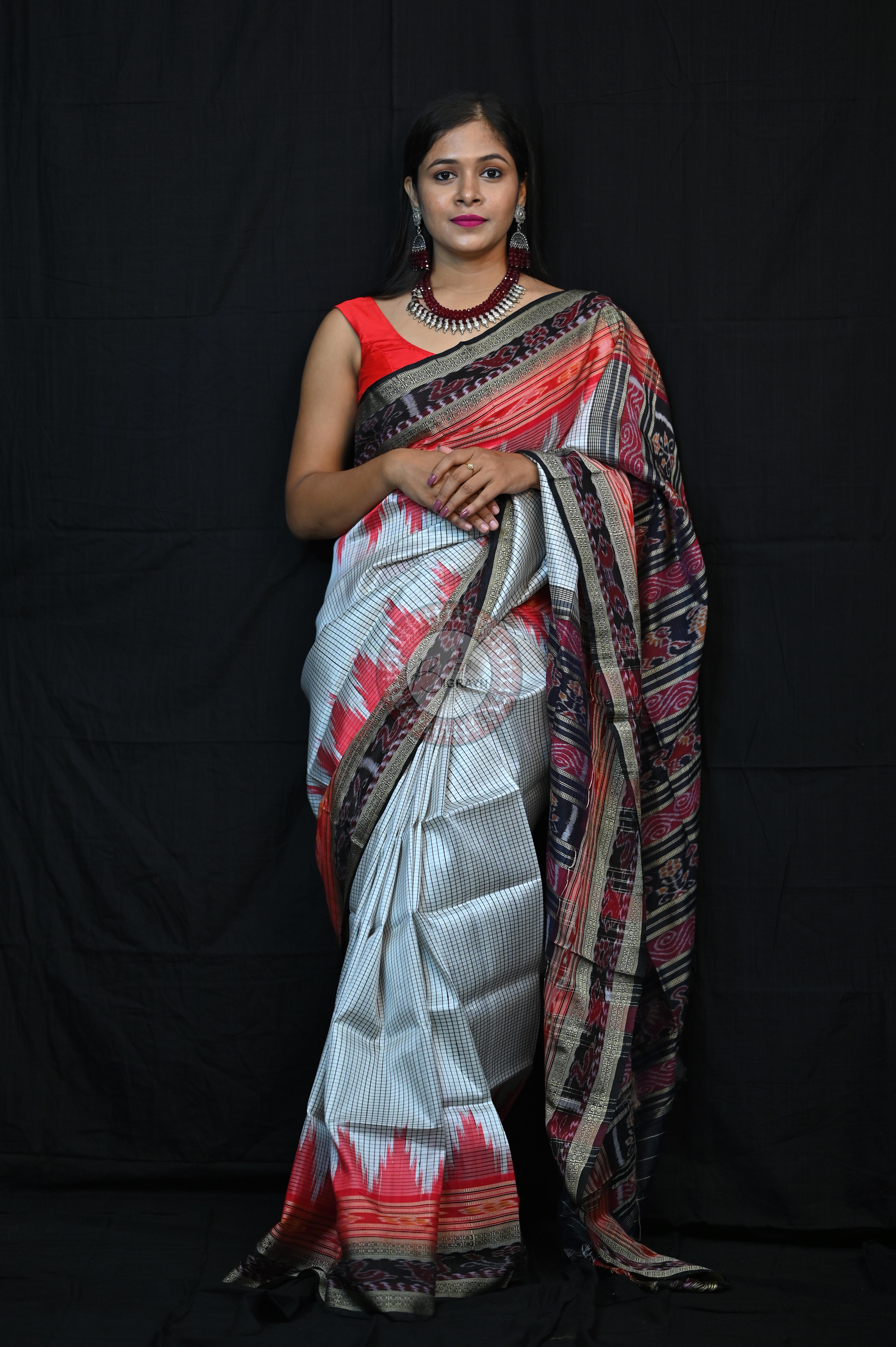 White Red BlackSachipar Khandua Silk Saree