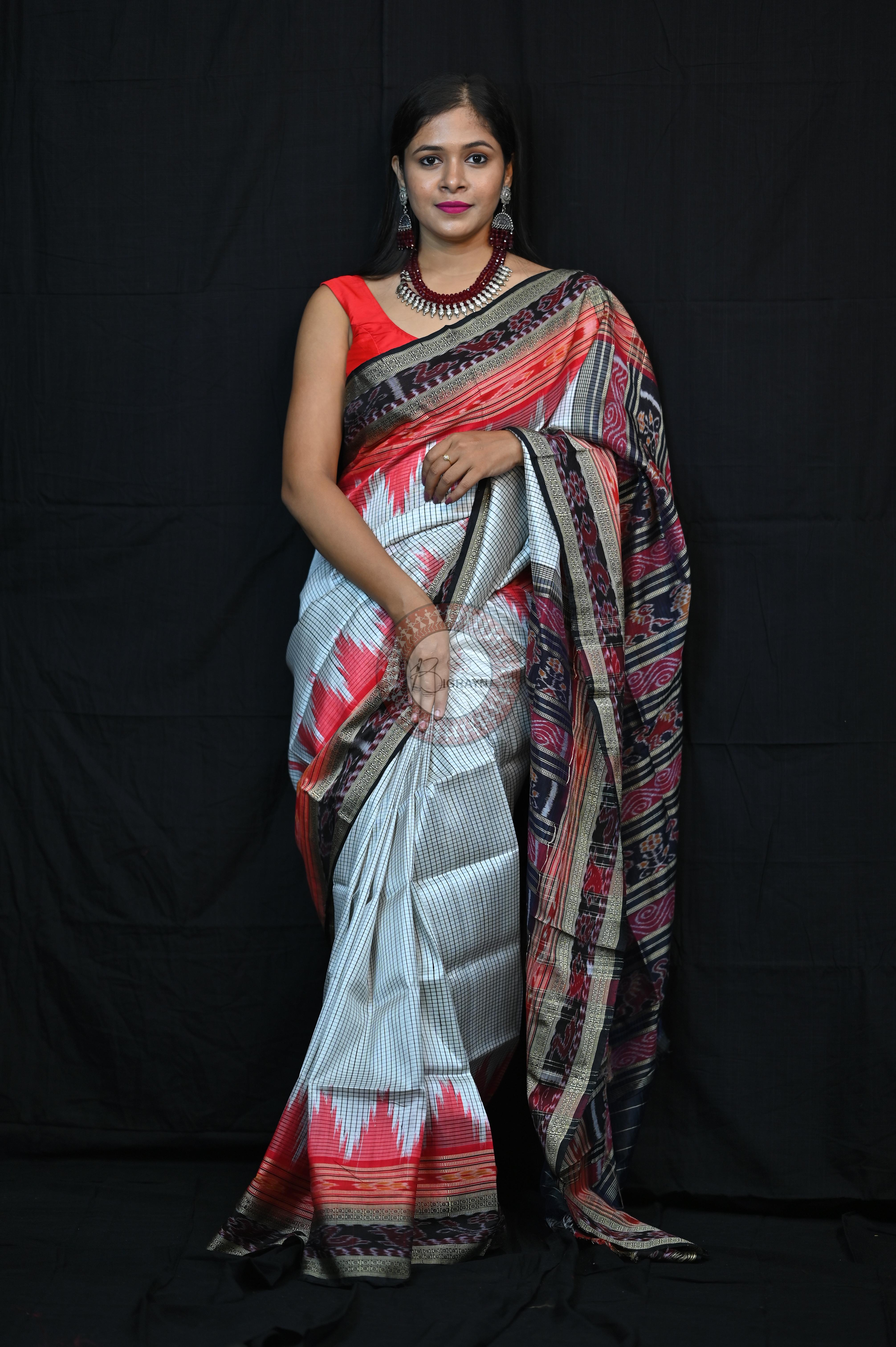 White Red BlackSachipar Khandua Silk Saree