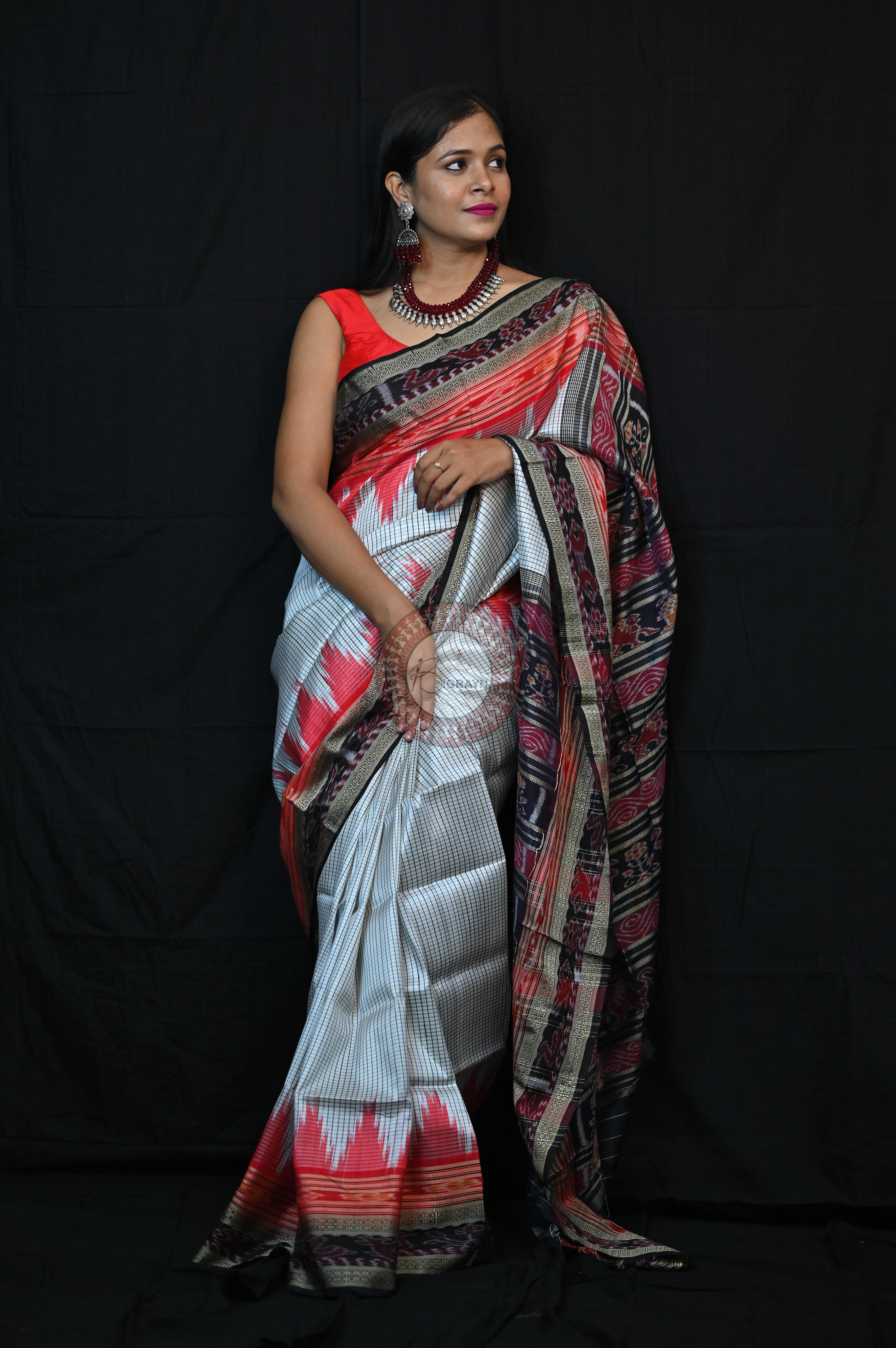 White Red BlackSachipar Khandua Silk Saree