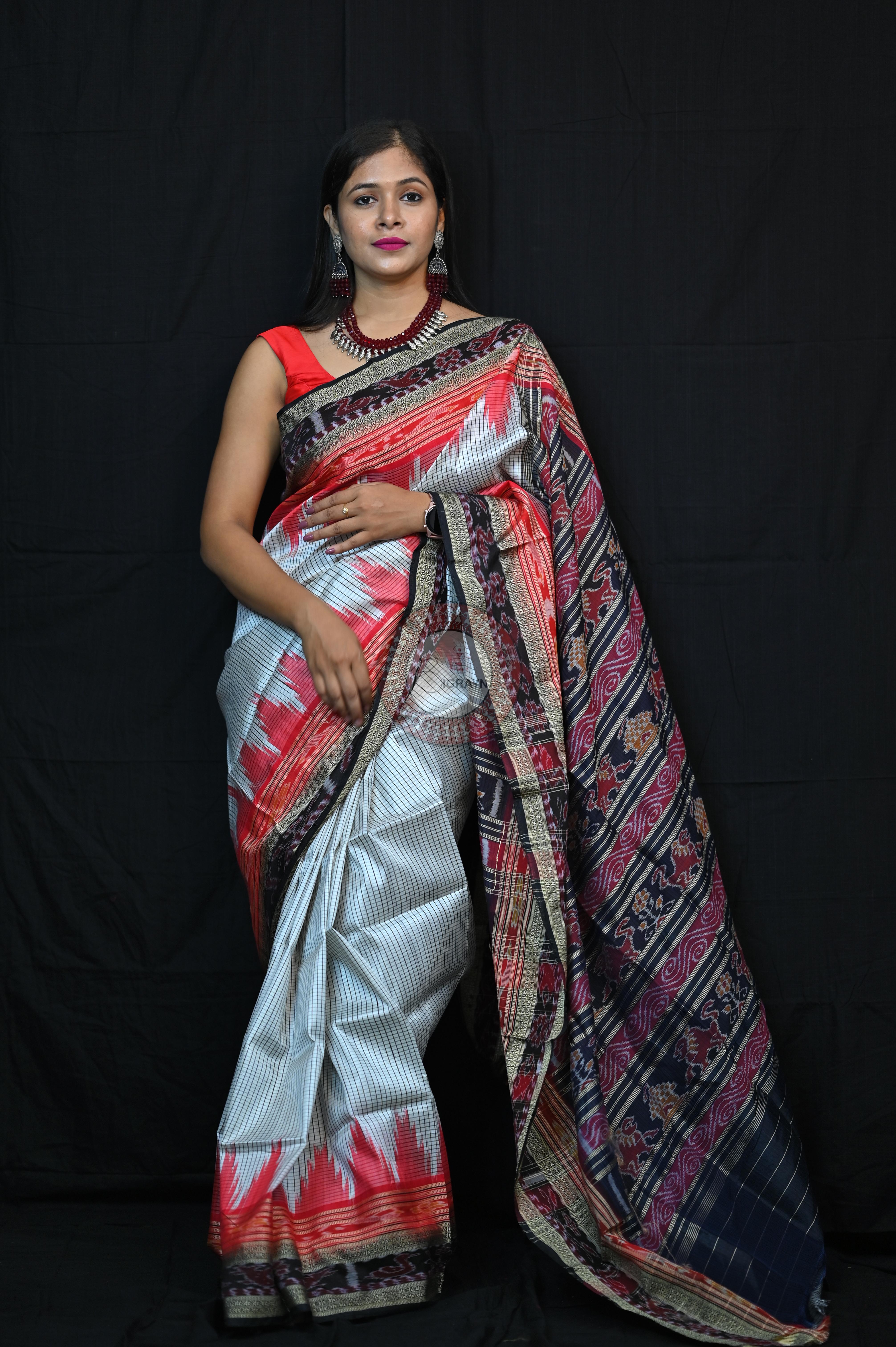 White Red BlackSachipar Khandua Silk Saree