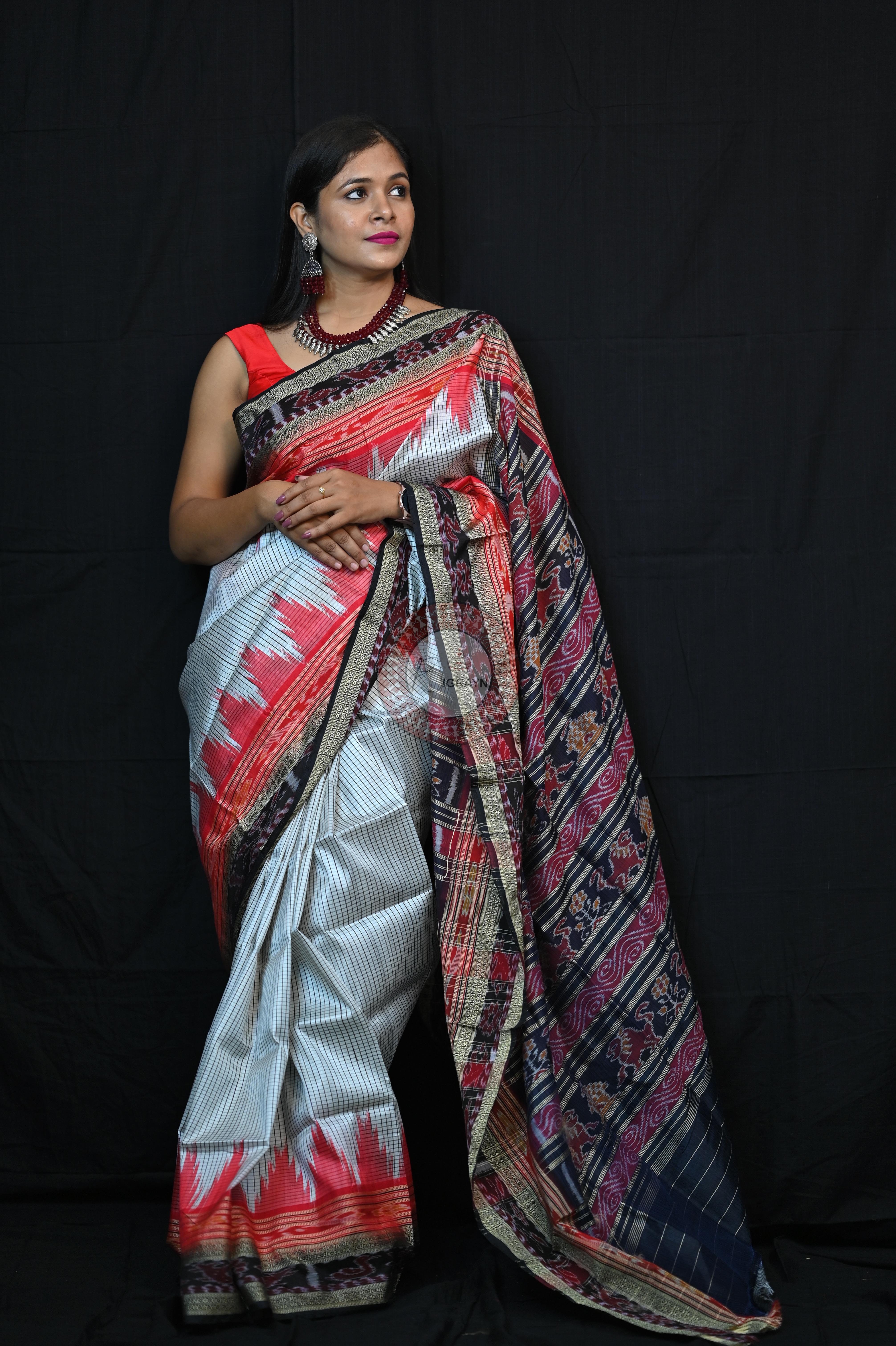 White Red BlackSachipar Khandua Silk Saree