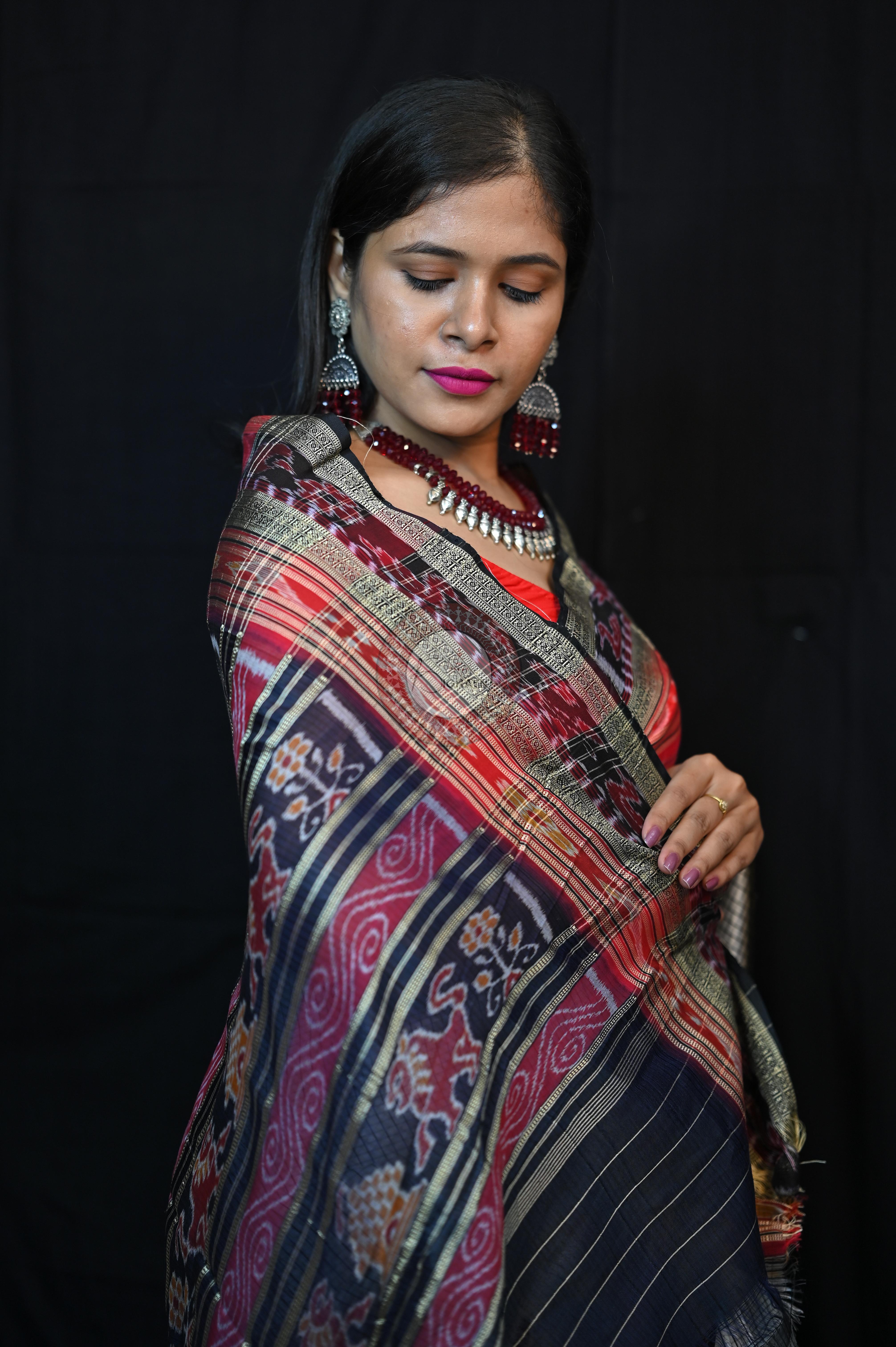 White Red BlackSachipar Khandua Silk Saree