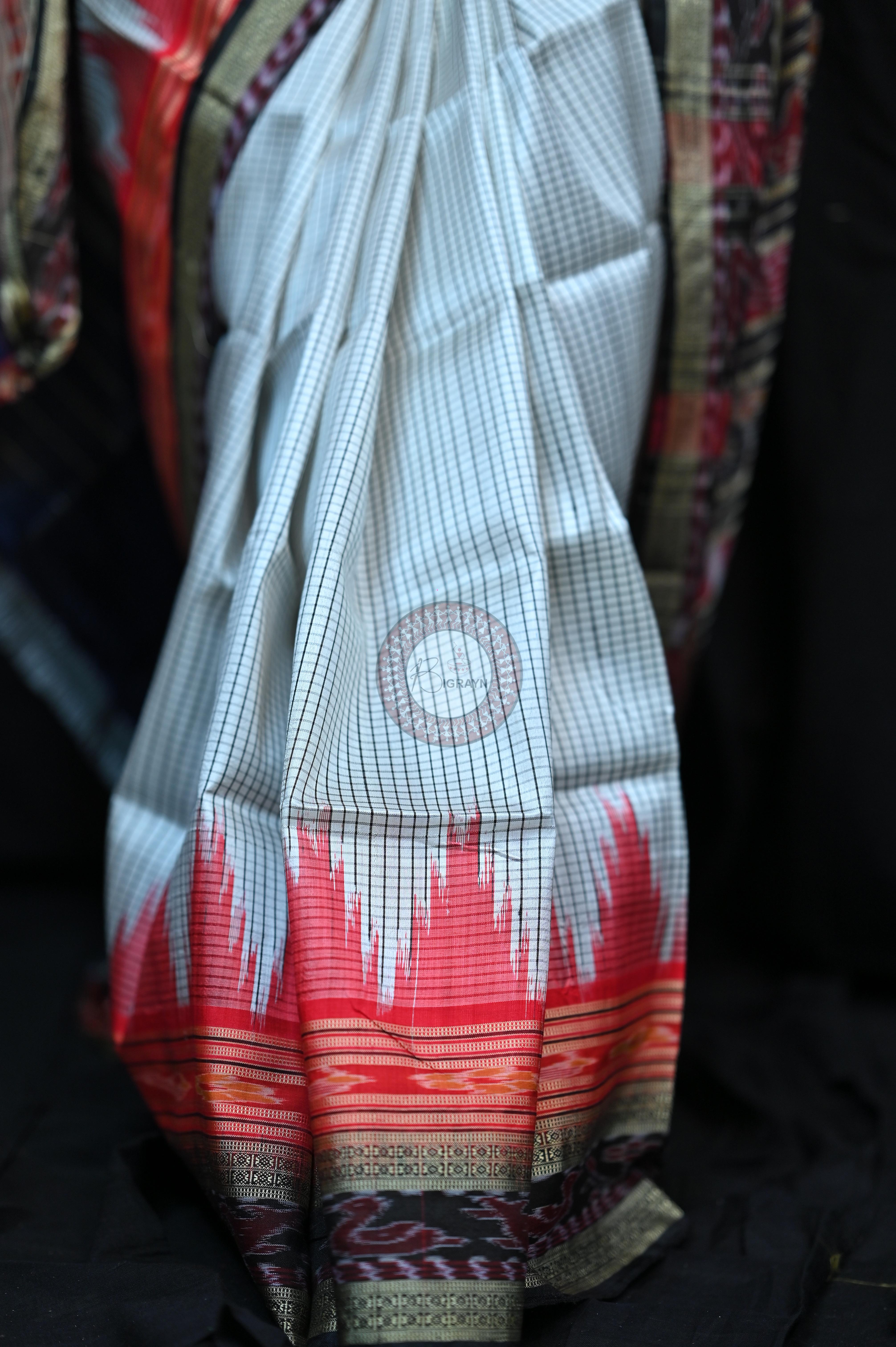 White Red BlackSachipar Khandua Silk Saree