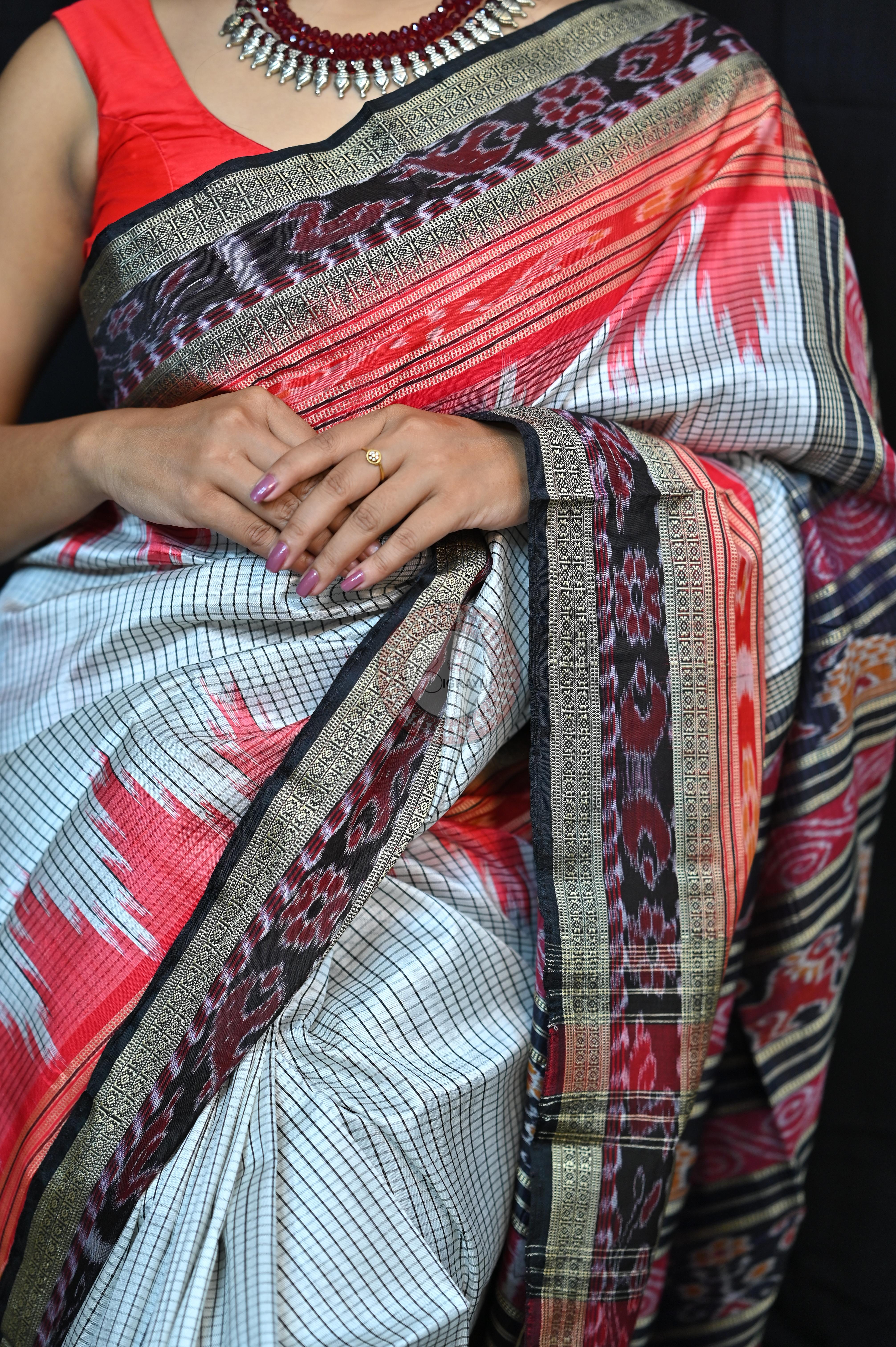 White Red BlackSachipar Khandua Silk Saree