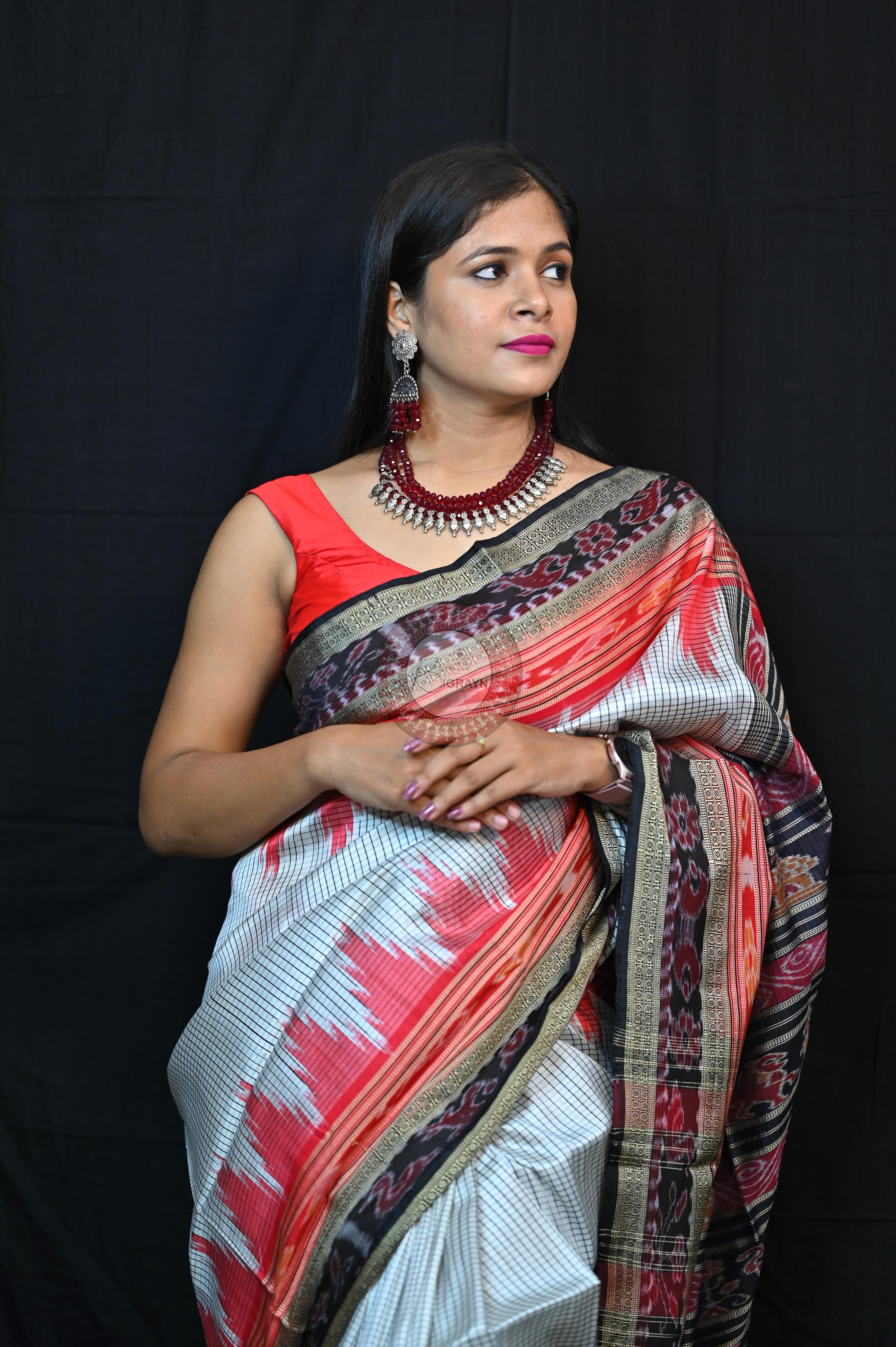 White Red BlackSachipar Khandua Silk Saree