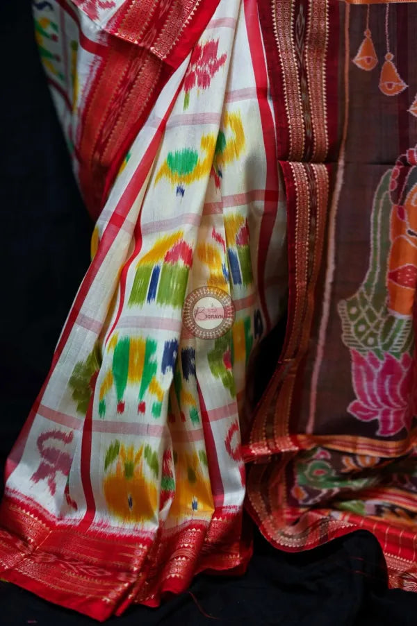 White Red Nabakothi Mahalaxmi Anchal Khandua Silk Saree