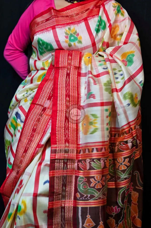 White Red Nabakothi Mahalaxmi Anchal Khandua Silk Saree