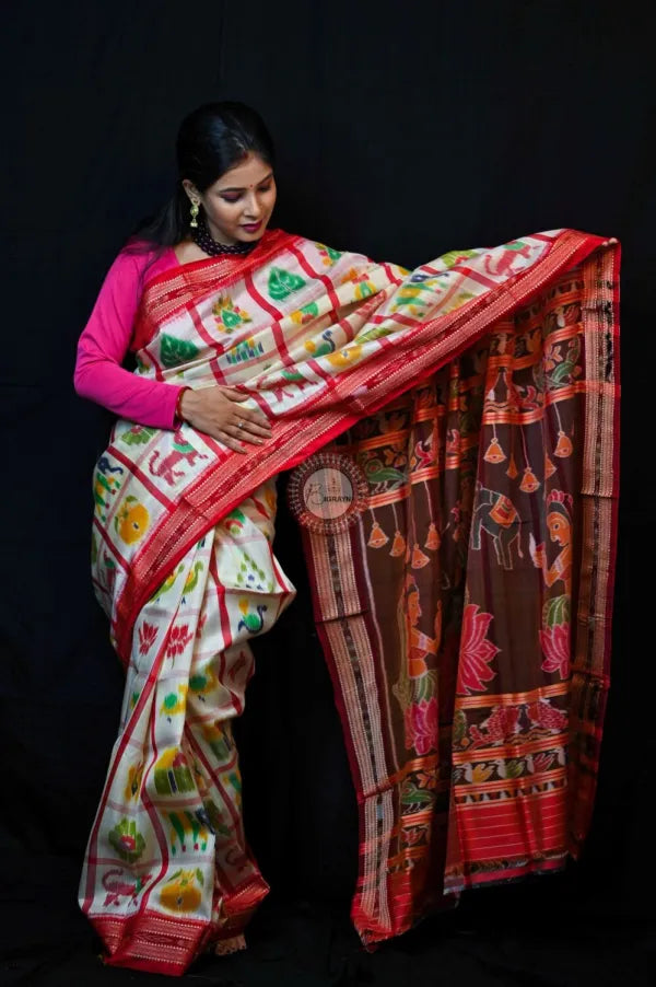 White Red Nabakothi Mahalaxmi Anchal Khandua Silk Saree