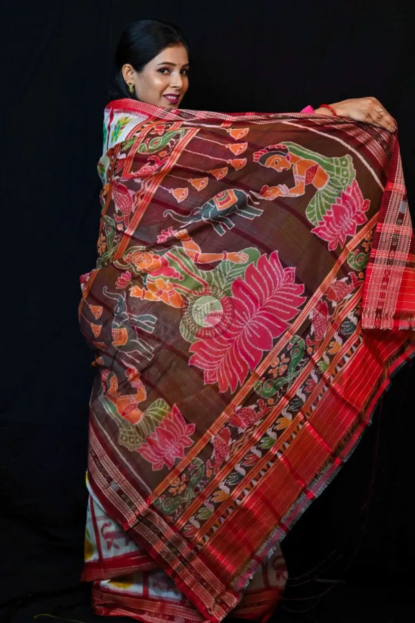 White Red Nabakothi Mahalaxmi Anchal Khandua Silk Saree